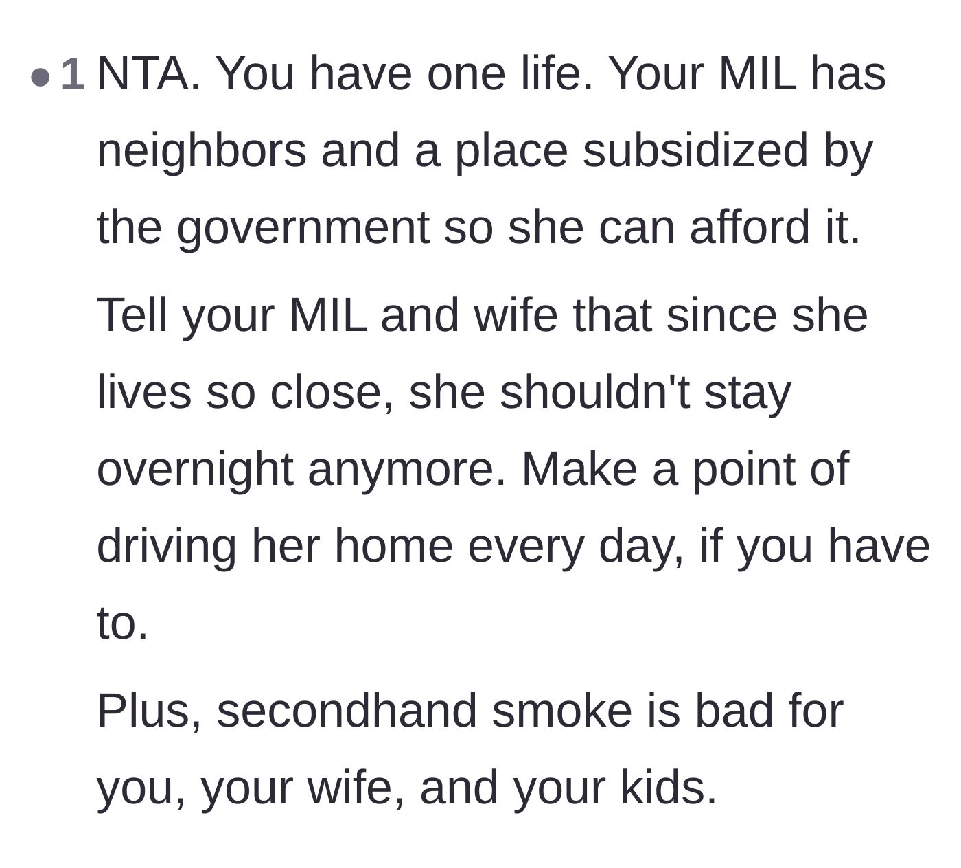 Comment thread 6 - Advice urging the husband to enforce an end to the sleepovers by offering to drive her back to her own home every evening.