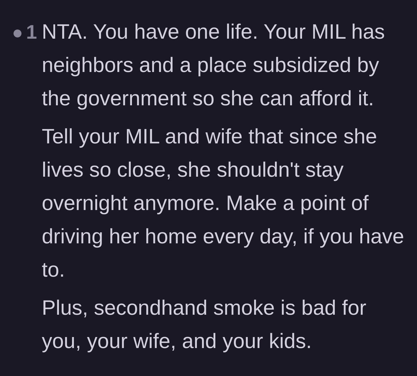 Comment thread 6 - Advice urging the husband to enforce an end to the sleepovers by offering to drive her back to her own home every evening.
