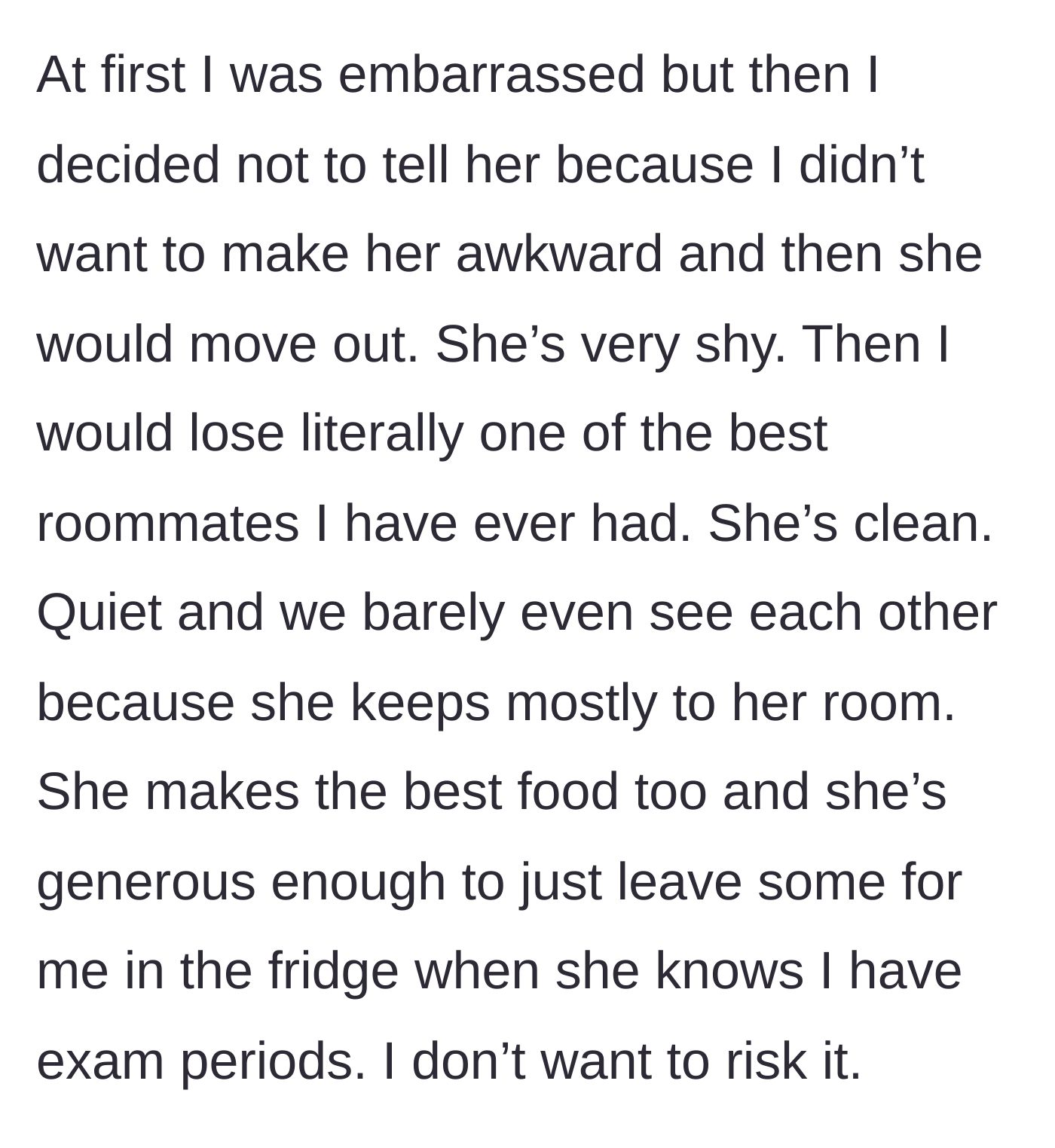 Story part 3 - A shy female roommate leaving a plate of freshly baked food in the fridge.