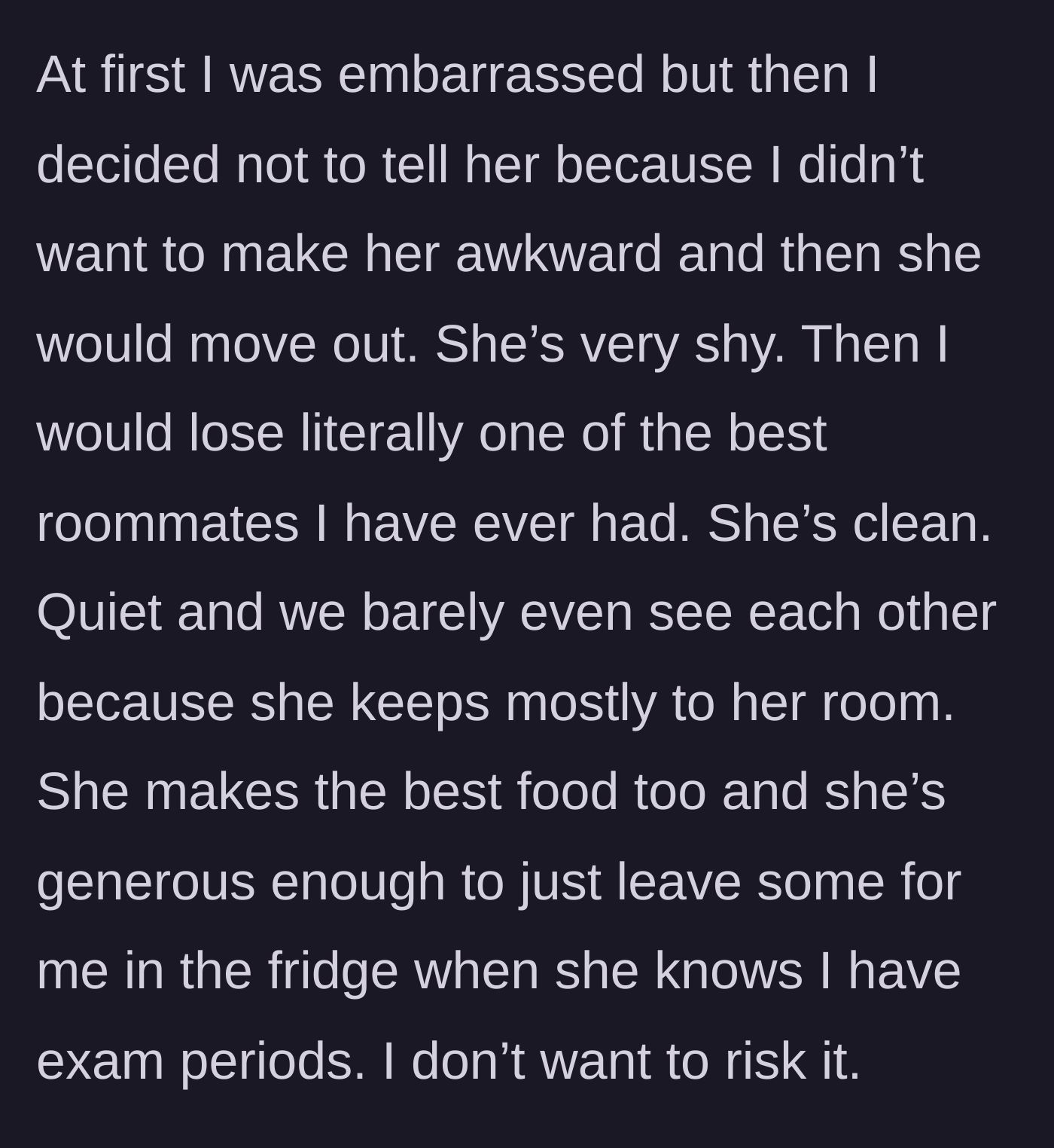 Story part 3 - A shy female roommate leaving a plate of freshly baked food in the fridge.
