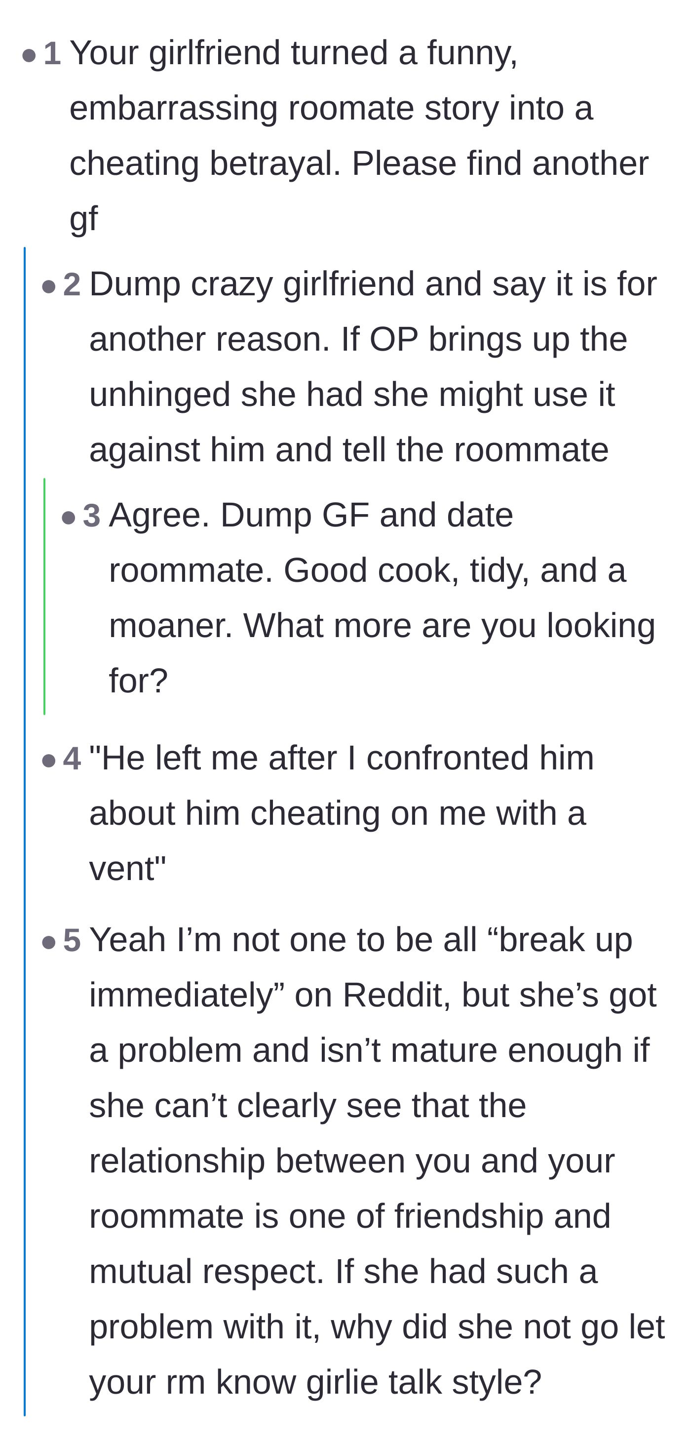 Comment thread 1 - Discussing how the girlfriend escalated a mundane story into a betrayal.