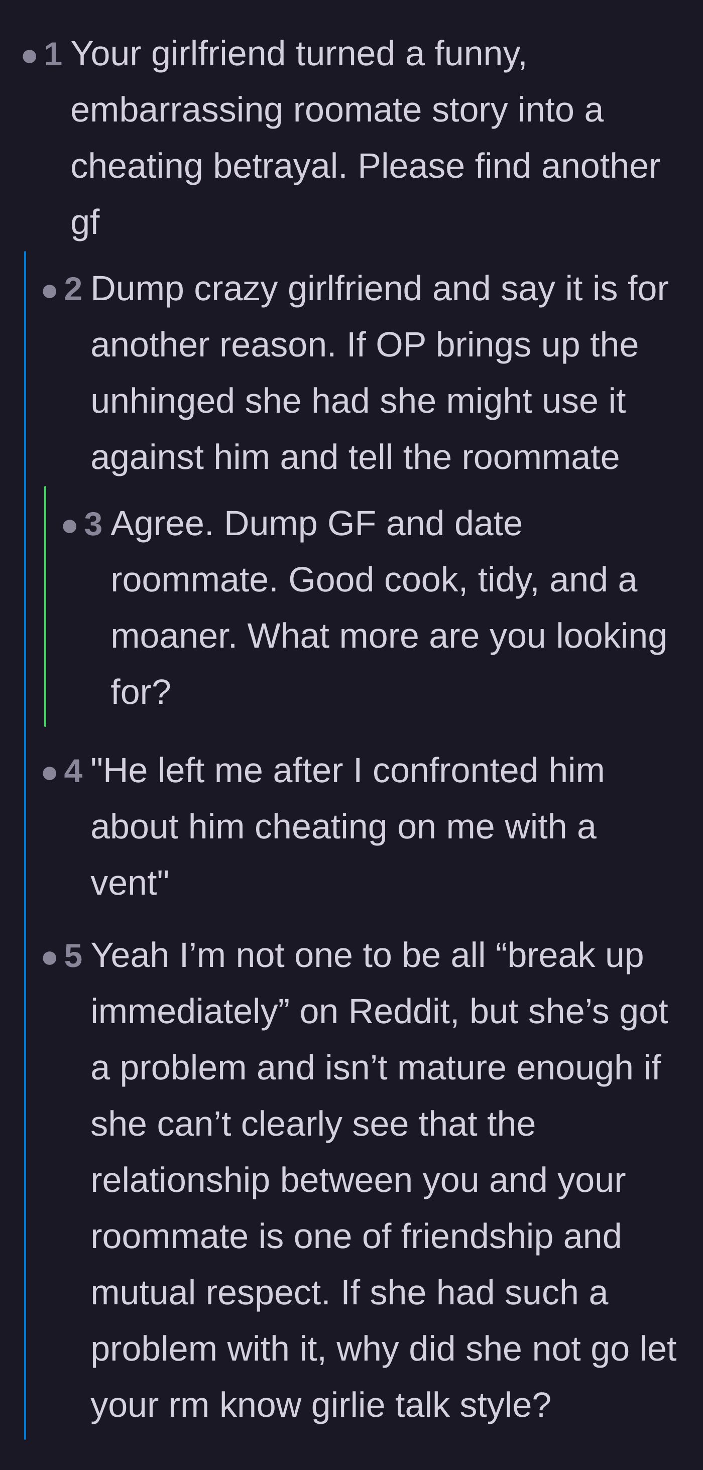 Comment thread 1 - Discussing how the girlfriend escalated a mundane story into a betrayal.