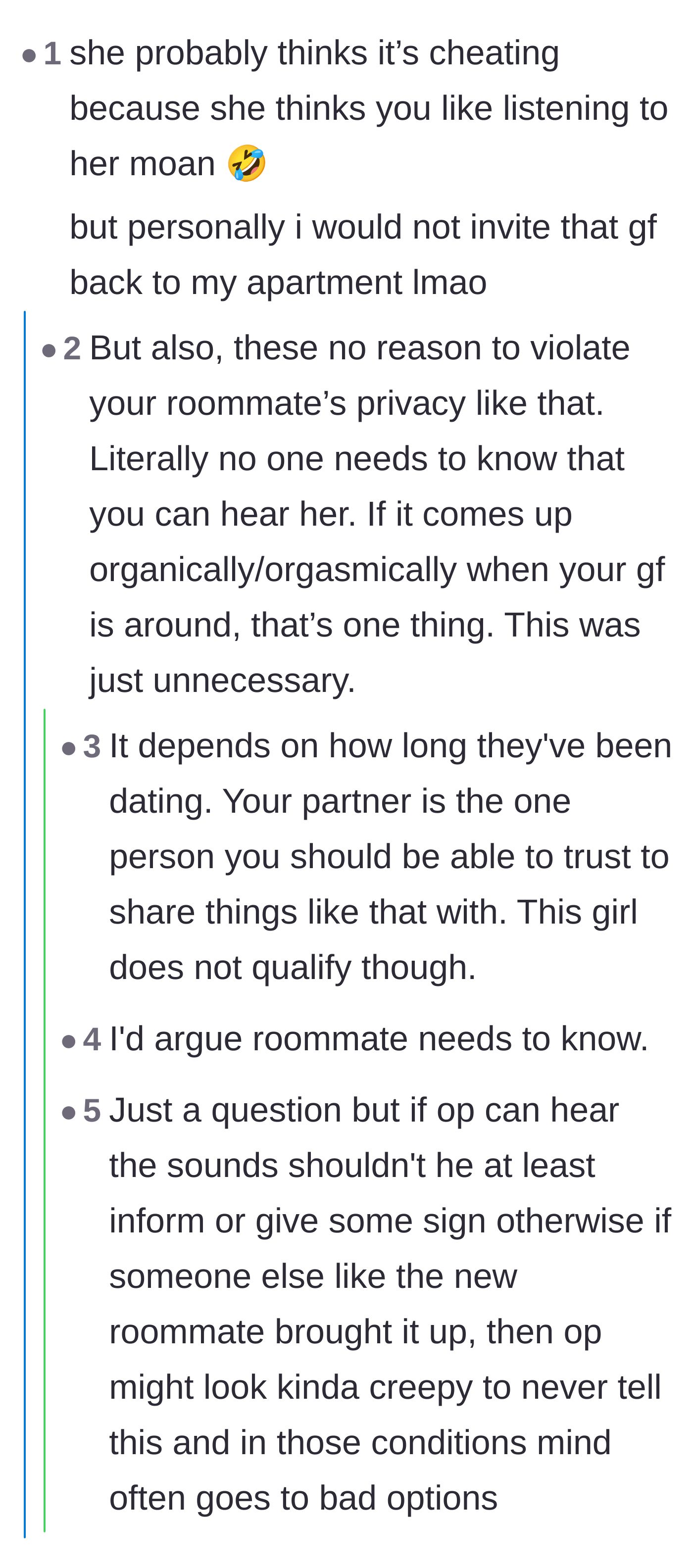 Comment thread 3 - Analyzing the girlfriend's jealousy and debating the roommate's right to privacy.