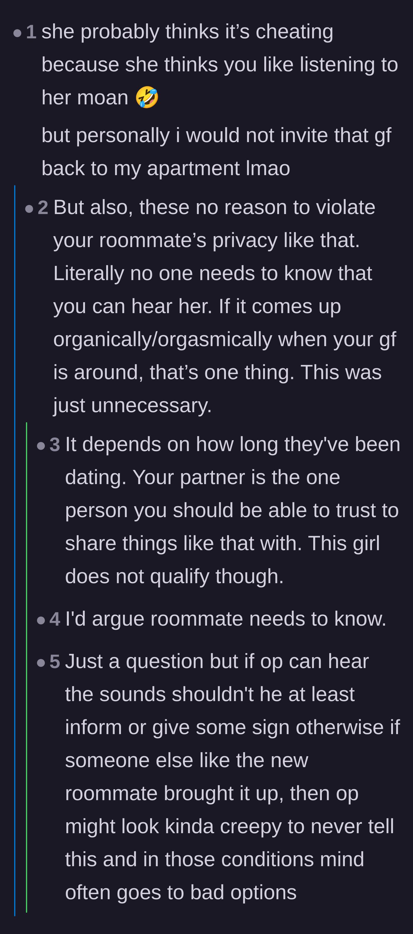 Comment thread 3 - Analyzing the girlfriend's jealousy and debating the roommate's right to privacy.