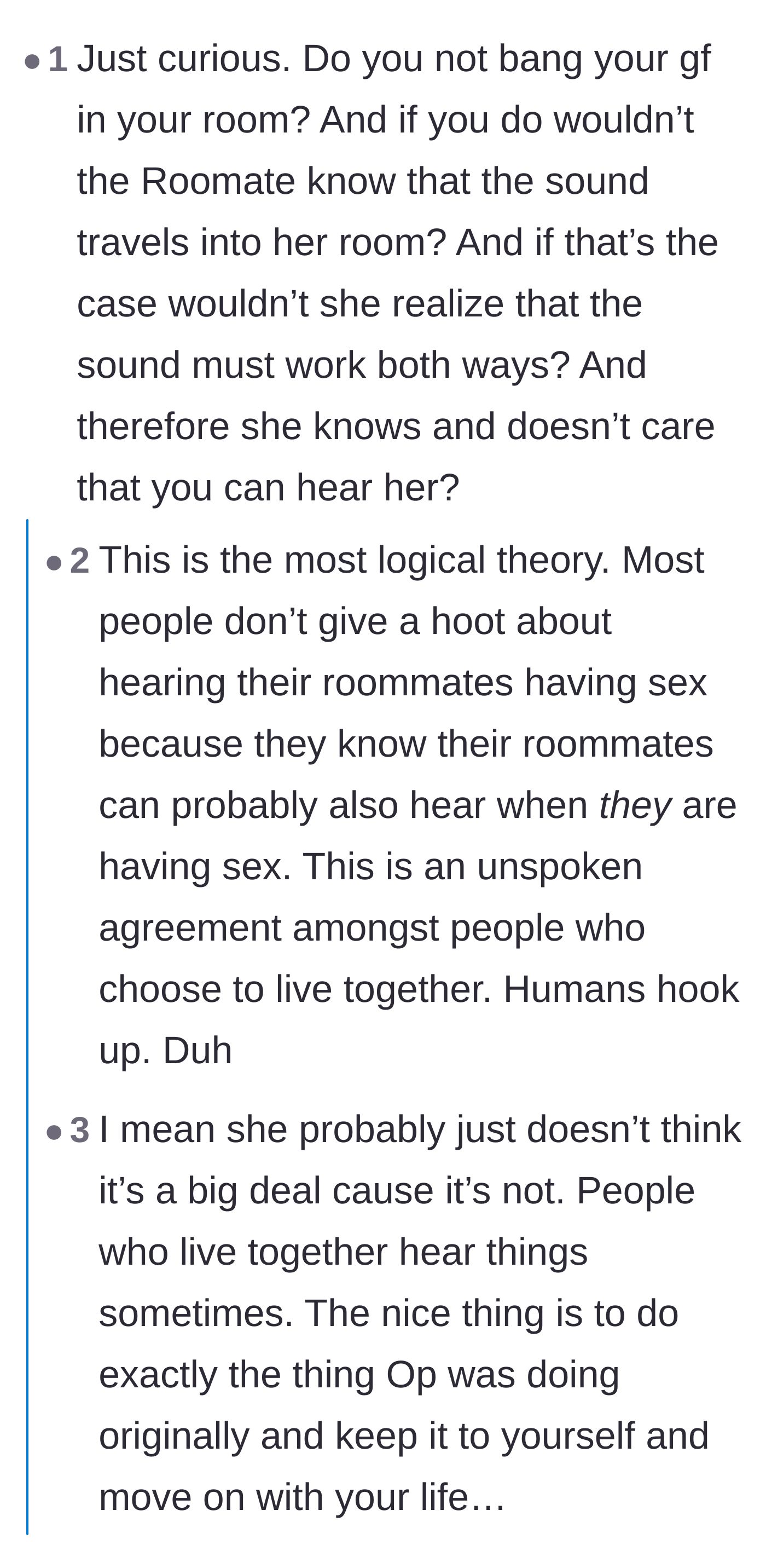 Comment thread 5 - Pointing out the unspoken etiquette of ignoring noises in shared living spaces.