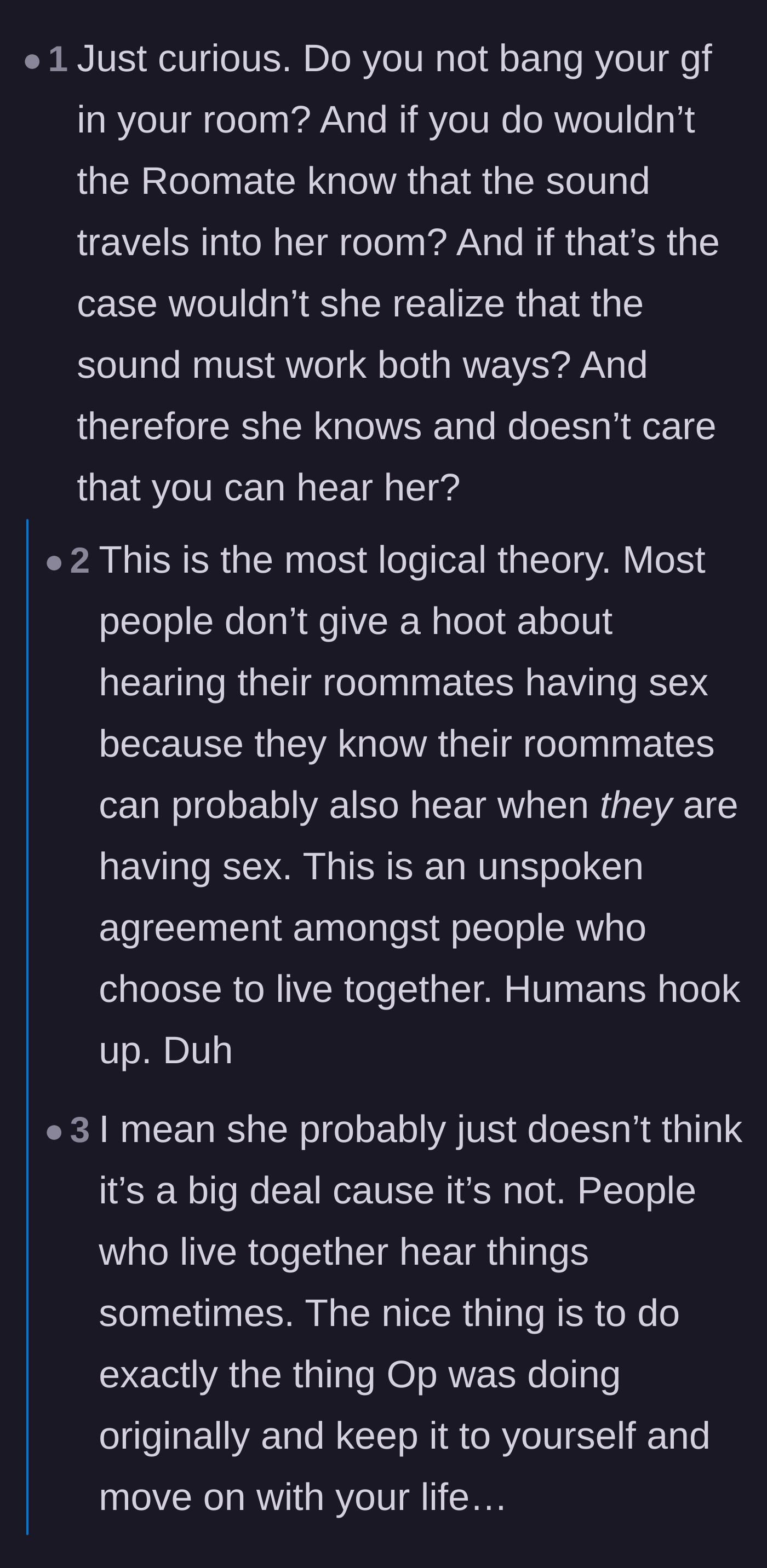 Comment thread 5 - Pointing out the unspoken etiquette of ignoring noises in shared living spaces.