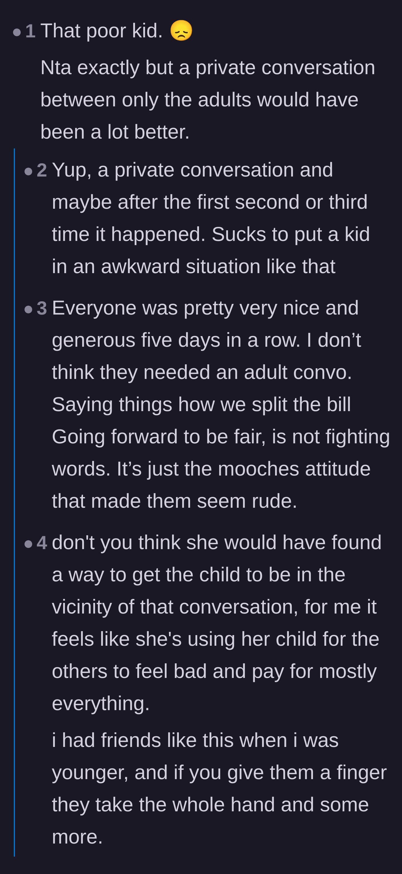 Comment thread 2 - Debate over whether the aunt should have pulled the mother aside privately to spare the teenager's feelings.