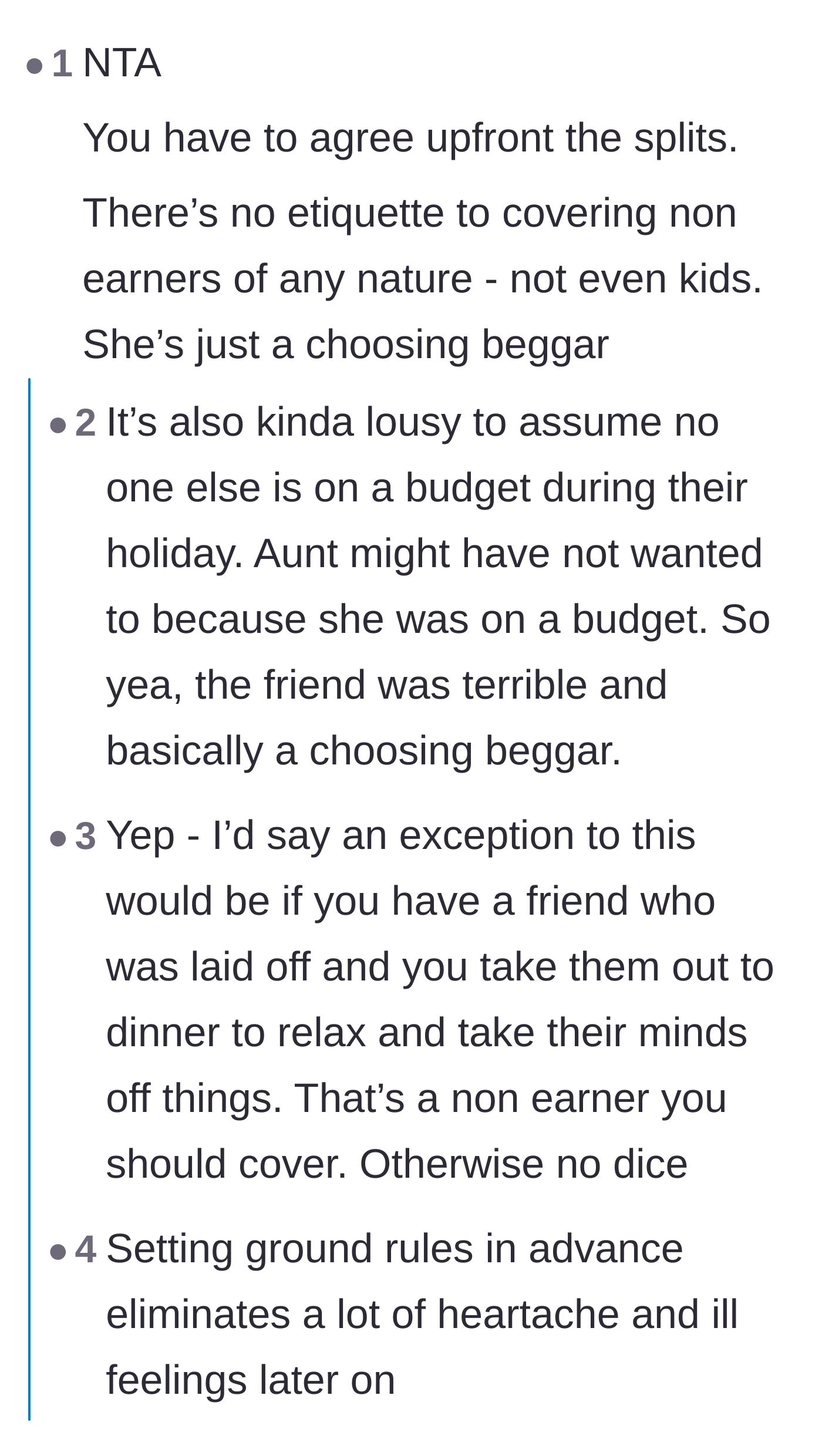 Comment thread 4 - Readers label the mother a choosing beggar and emphasize that everyone on the trip was likely on a budget.