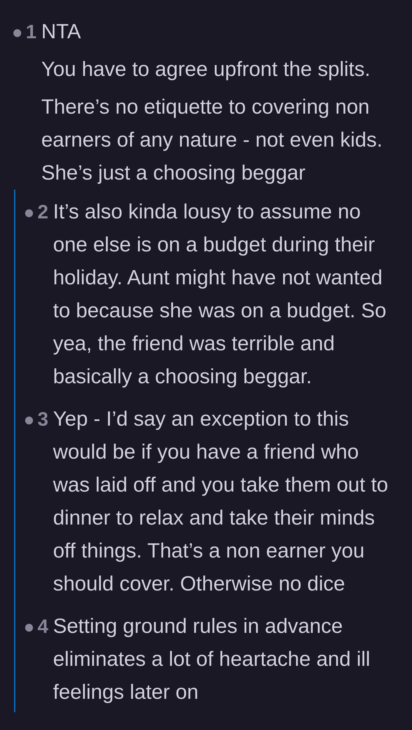 Comment thread 4 - Readers label the mother a choosing beggar and emphasize that everyone on the trip was likely on a budget.