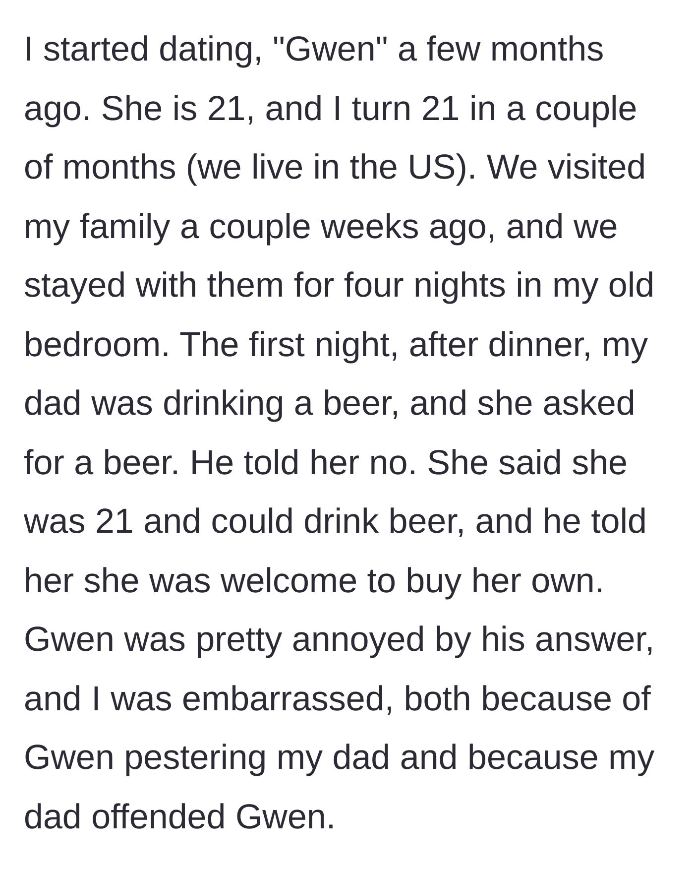 Story part 1 - Girlfriend asks the dad for his beer on the first night and gets denied.