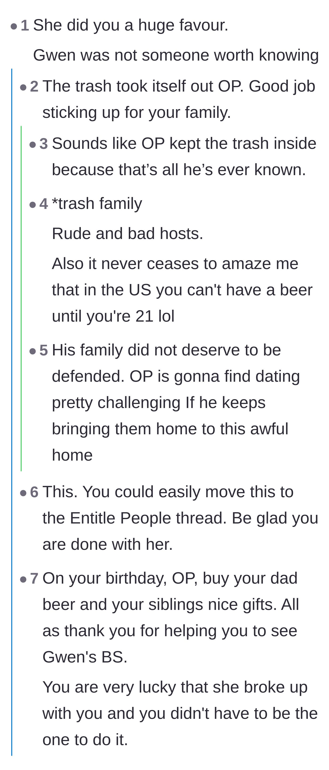 Comment thread 1 - Readers congratulating the boyfriend on dodging a bullet and calling the breakup a blessing in disguise.