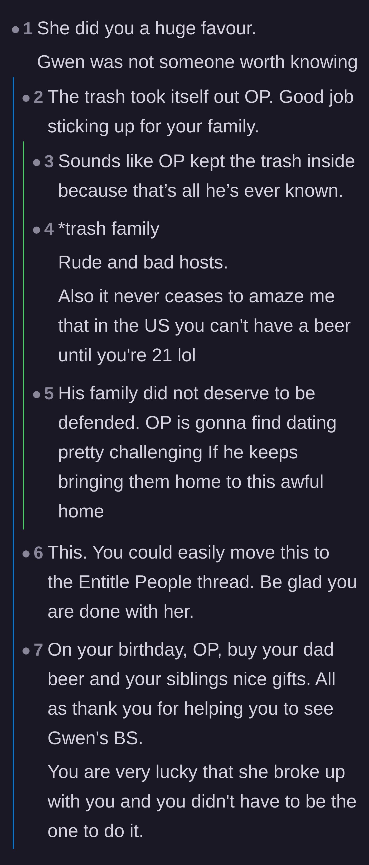 Comment thread 1 - Readers congratulating the boyfriend on dodging a bullet and calling the breakup a blessing in disguise.
