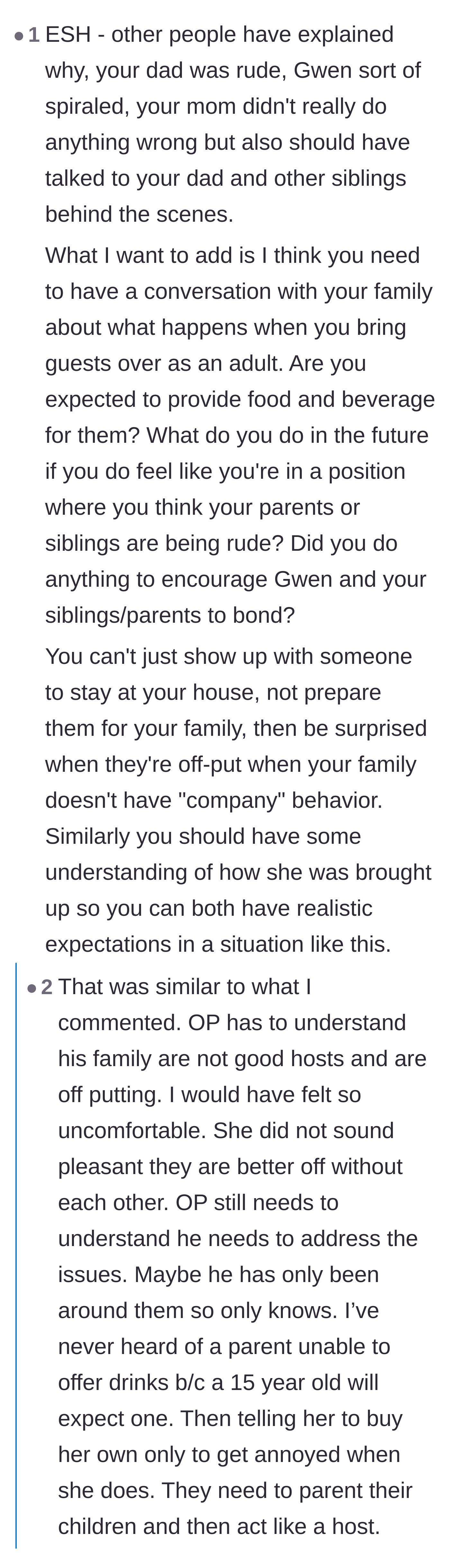 Comment thread 2 - A debate on hospitality etiquette and how both the girlfriend and the parents lacked basic manners.