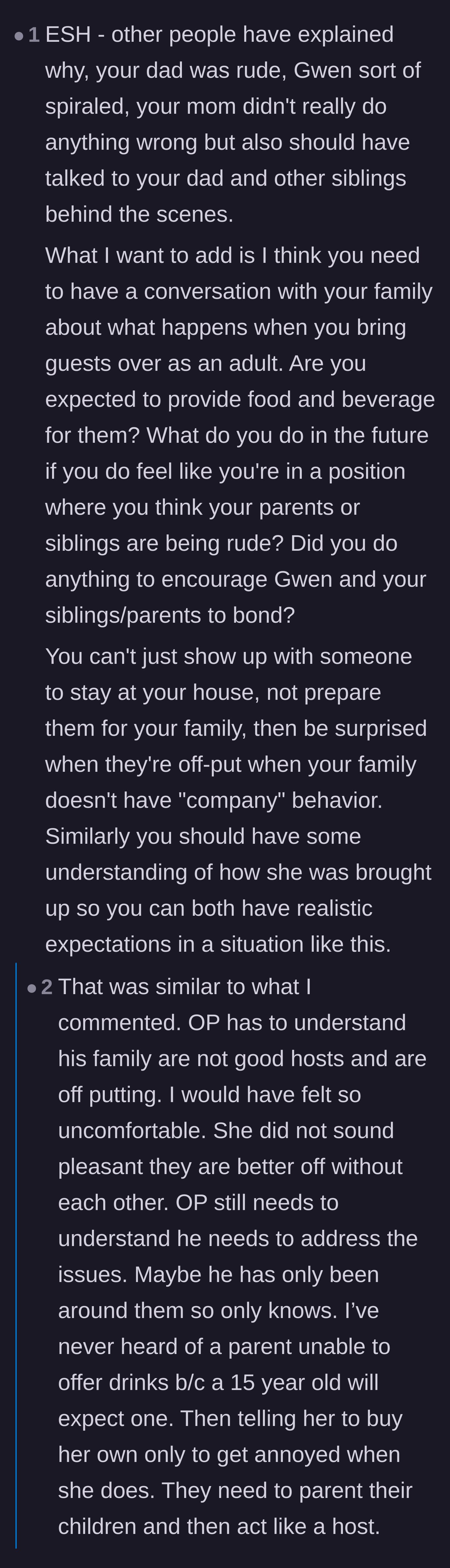 Comment thread 2 - A debate on hospitality etiquette and how both the girlfriend and the parents lacked basic manners.