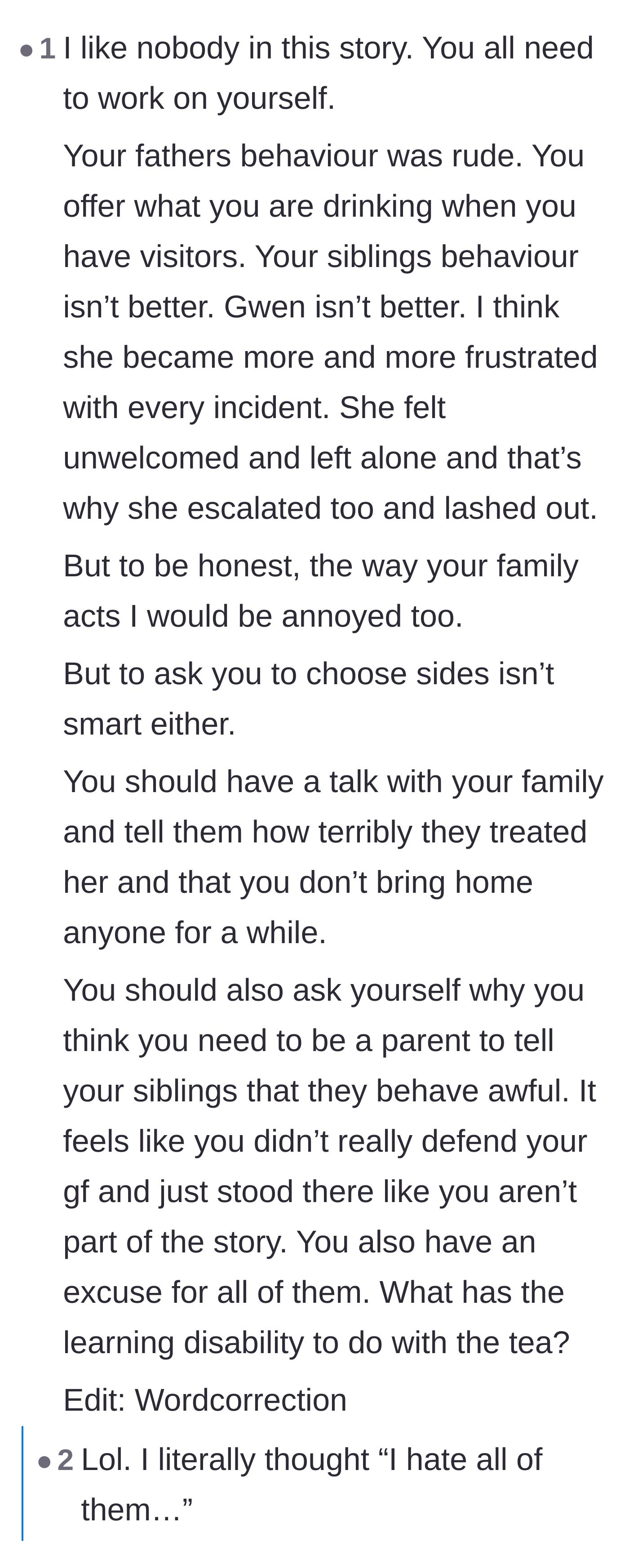 Comment thread 3 - Readers expressing frustration with everyone in the story, including the boyfriend for not taking a firmer stand.