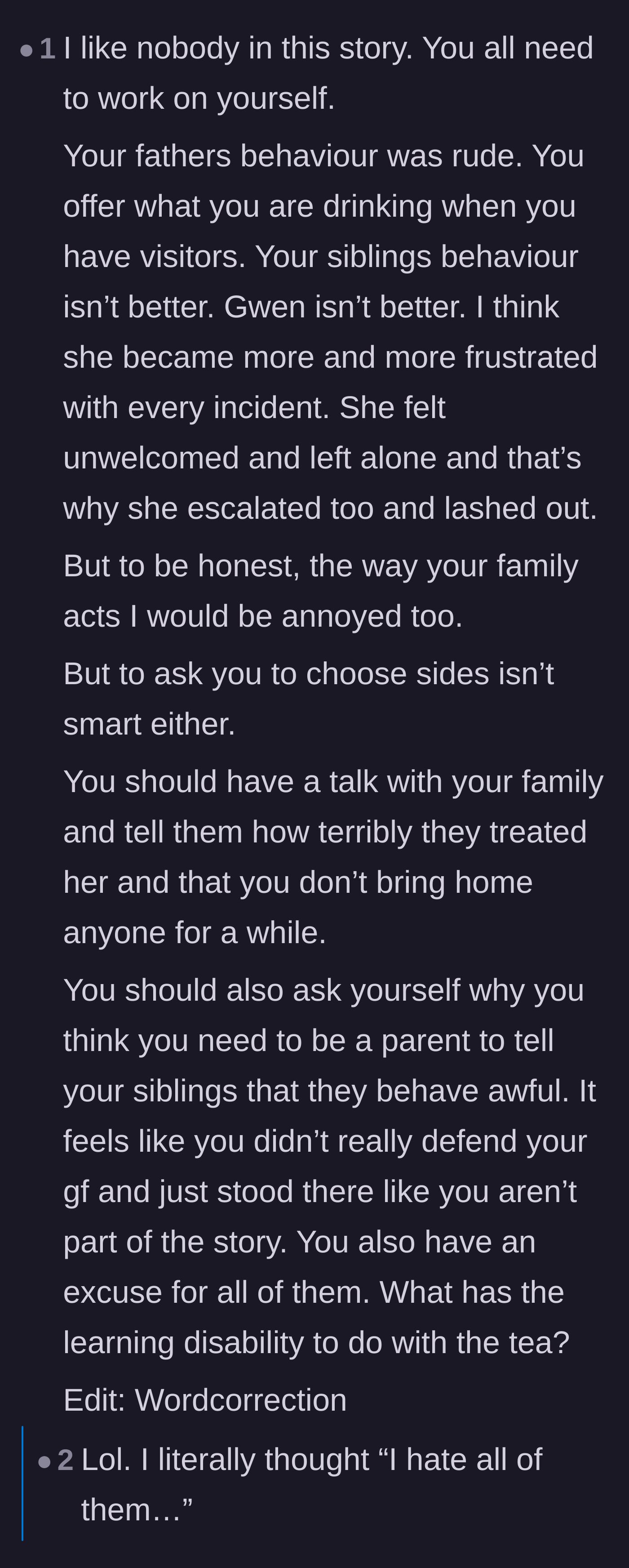 Comment thread 3 - Readers expressing frustration with everyone in the story, including the boyfriend for not taking a firmer stand.