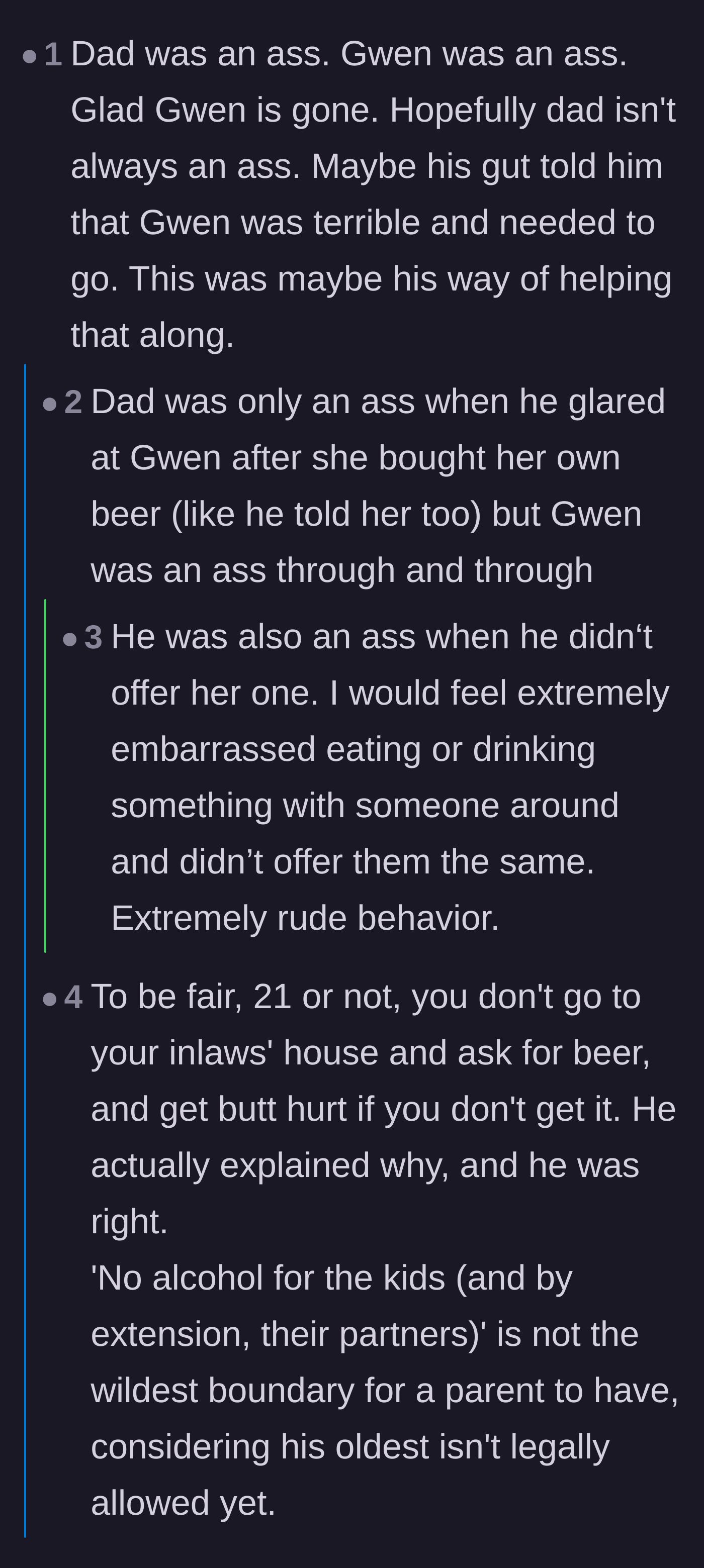 Comment thread 6 - Arguments over whether the dad was setting a healthy boundary or just being a petty host.