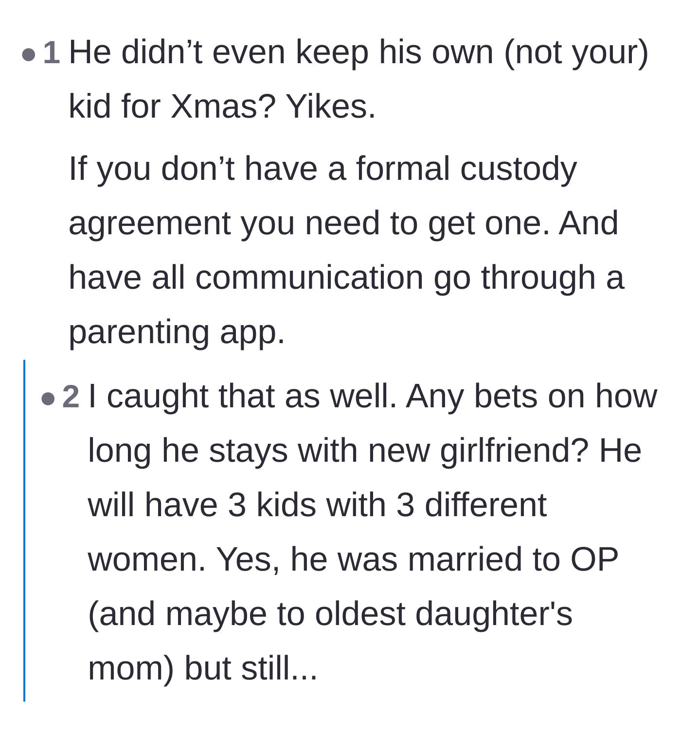 Comment thread 5 - Readers noticing that the ex-husband also abandoned his older teenager during the holidays.
