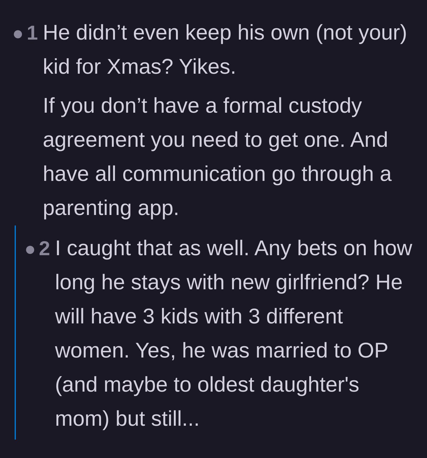 Comment thread 5 - Readers noticing that the ex-husband also abandoned his older teenager during the holidays.