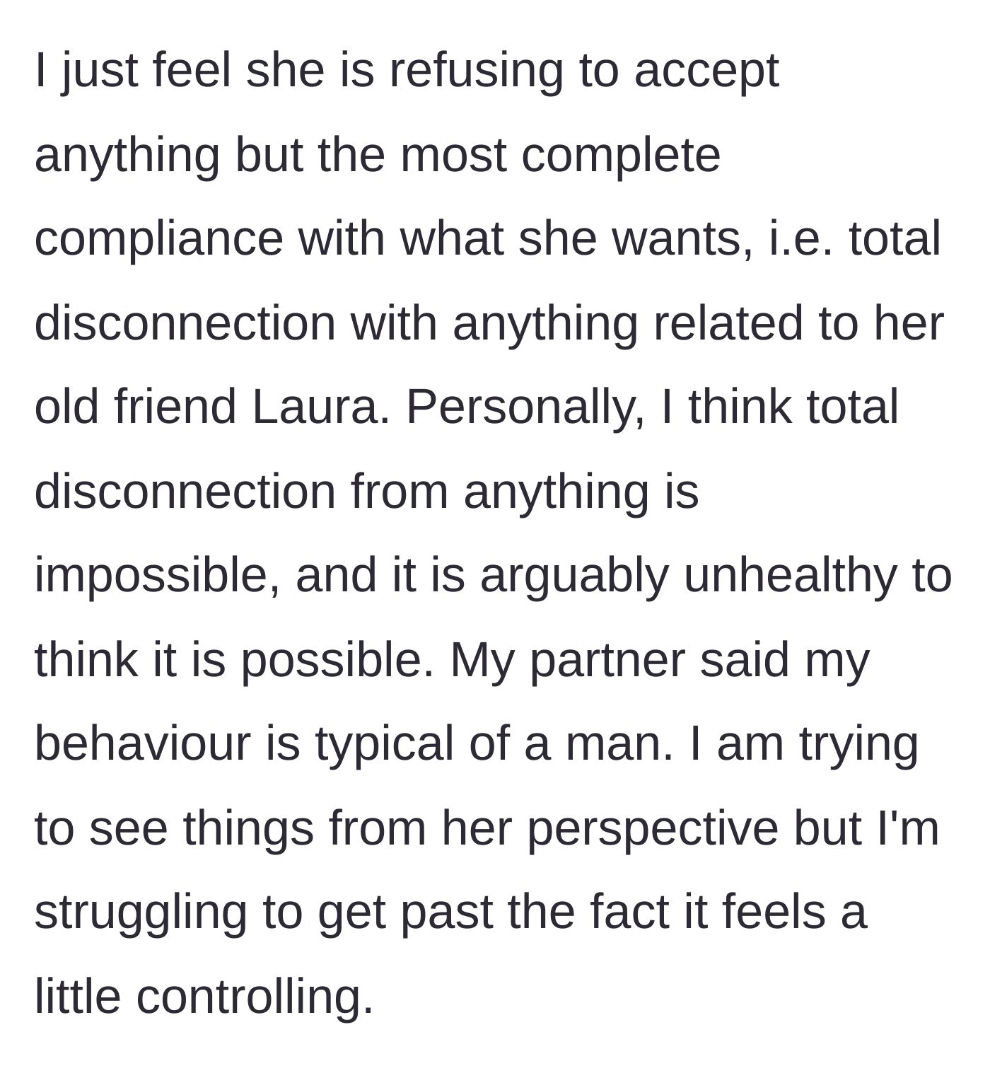 Story part 7 - The wife demands total disconnection and insults him as 'typical of a man,' which leaves him feeling heavily controlled.