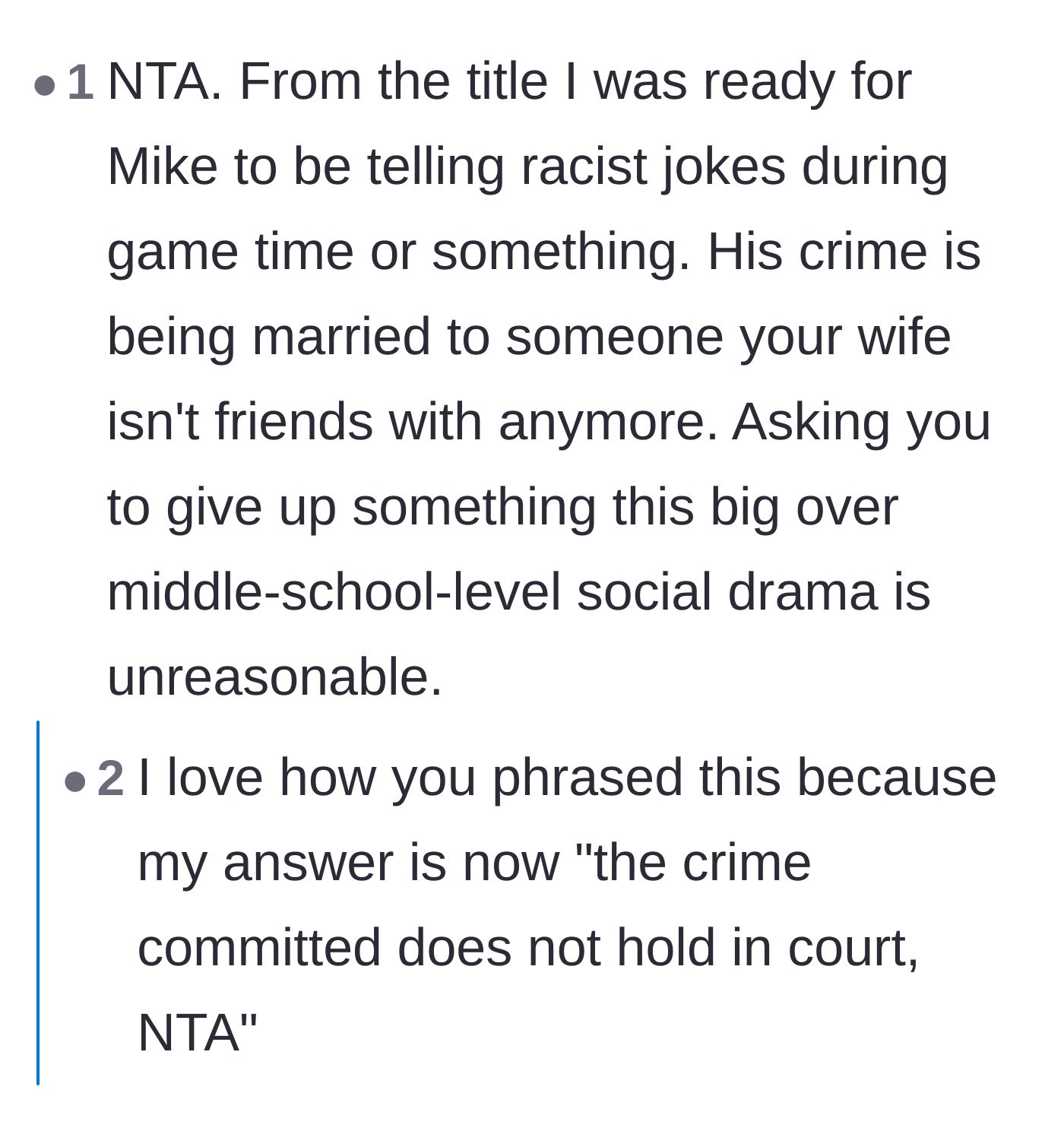 Comment thread 1 - Discussing how the husband's gaming companion committed no actual offense other than being married to the wife's ex-friend.