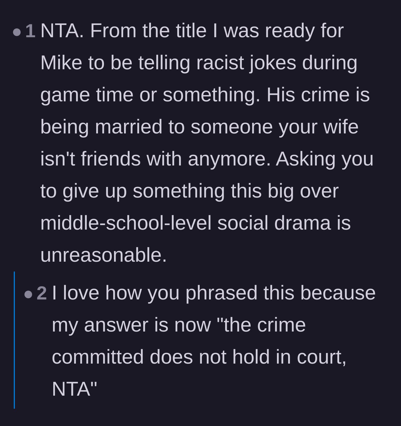 Comment thread 1 - Discussing how the husband's gaming companion committed no actual offense other than being married to the wife's ex-friend.