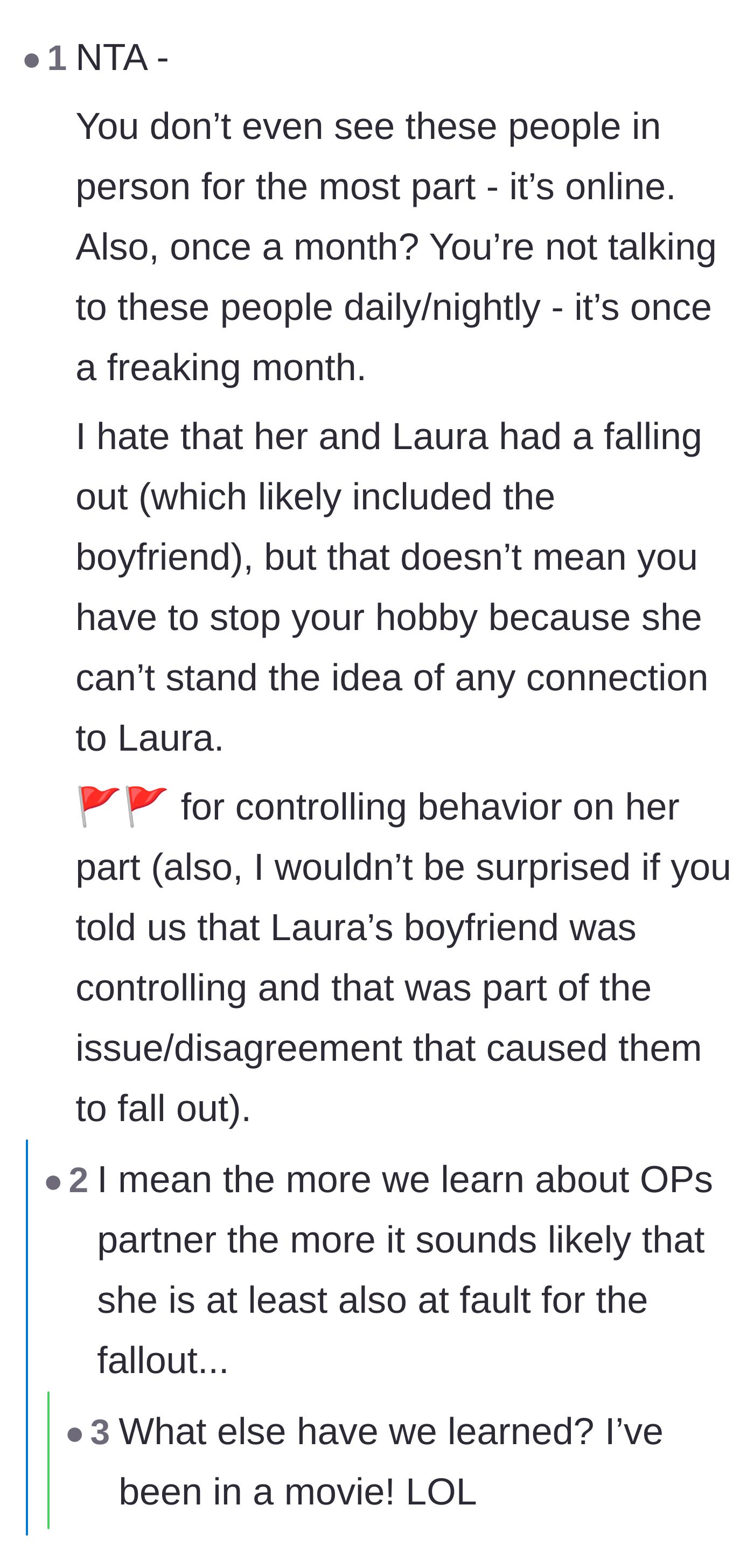 Comment thread 5 - Calling out the controlling red flags and questioning if the wife's behavior actually caused the initial friendship fallout.