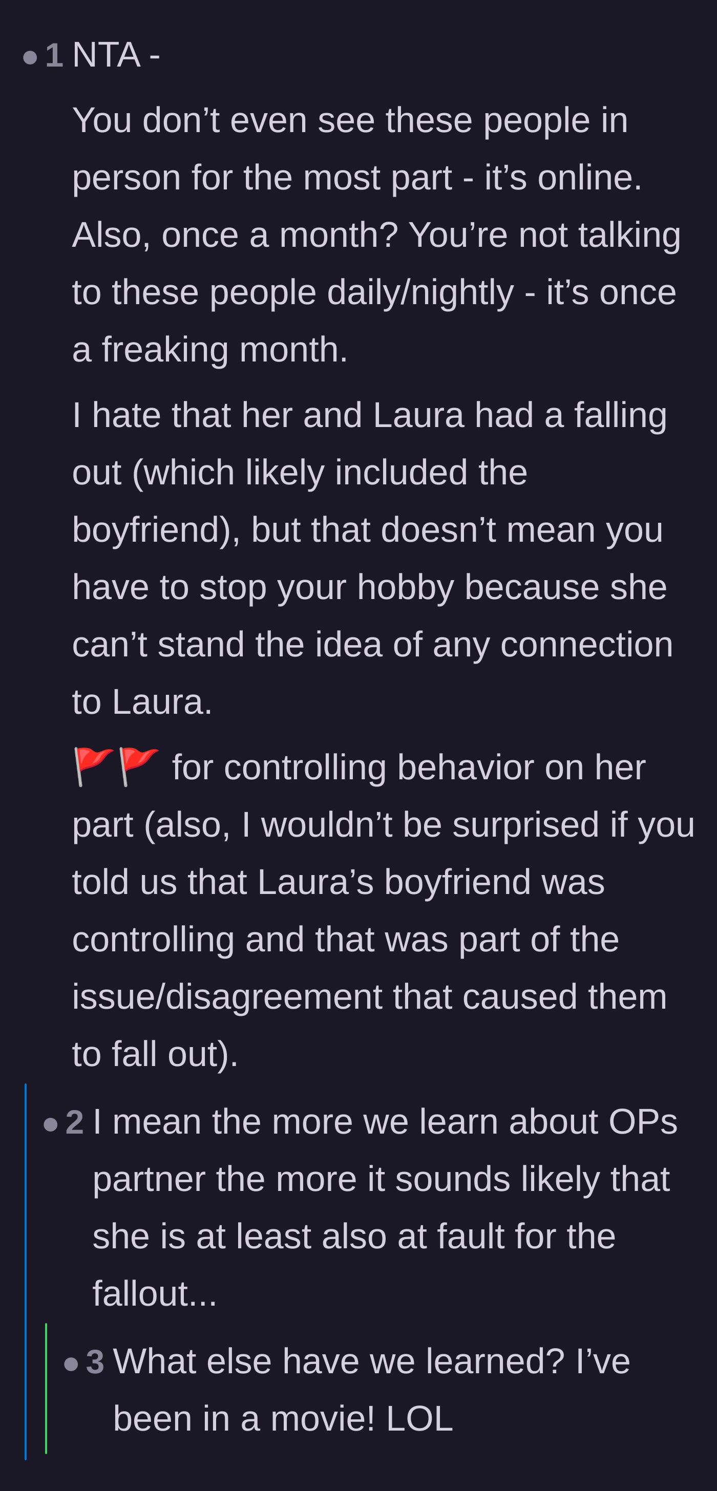 Comment thread 5 - Calling out the controlling red flags and questioning if the wife's behavior actually caused the initial friendship fallout.