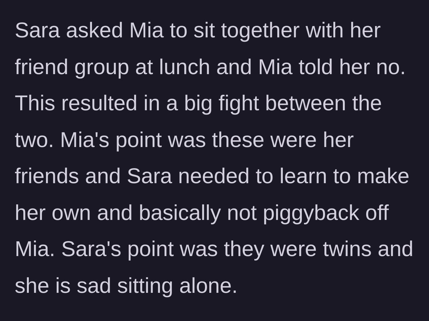Story part 4 - The isolated twin begs to sit with her sister's friends, but gets rejected, sparking a huge fight about loyalty versus independence.