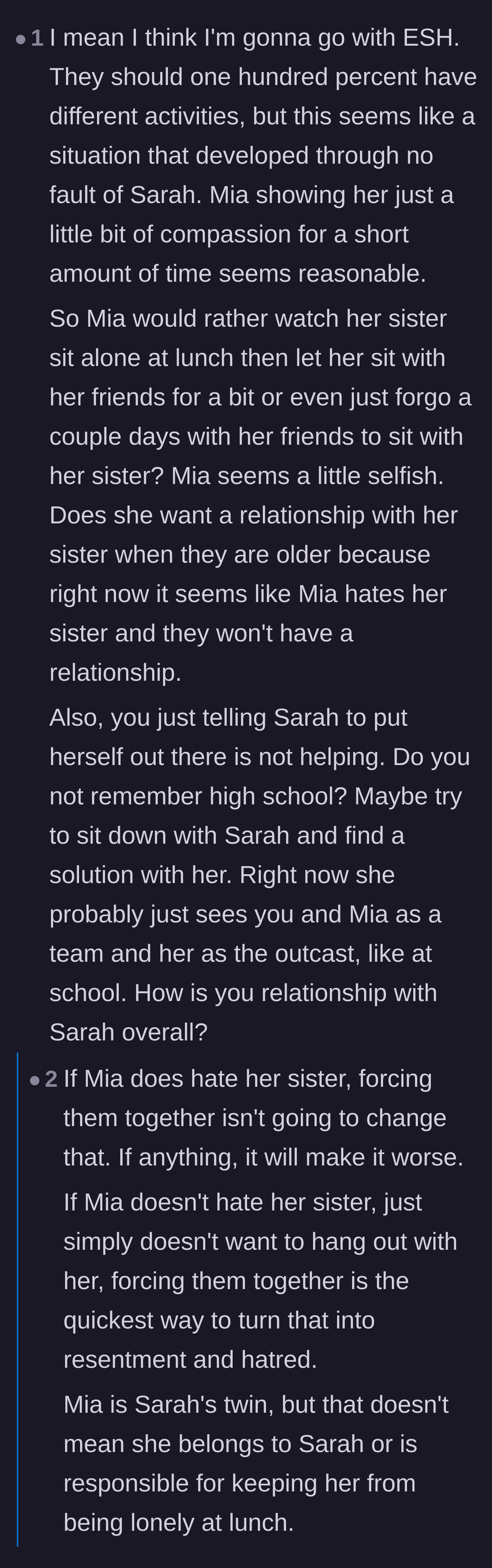 Comment thread 5 - A critical look at the independent twin's behavior and the mother's dismissive advice.