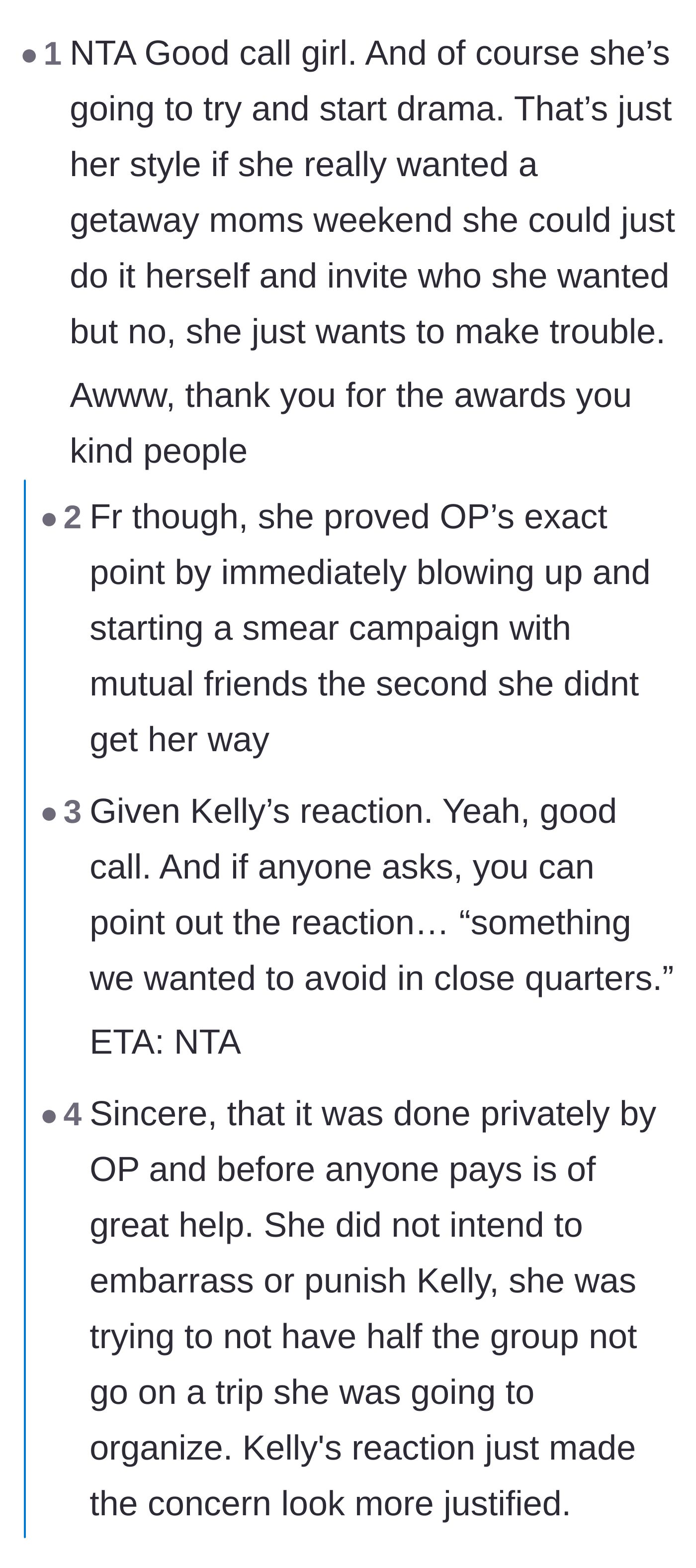 Comment thread 1 - Readers arguing that Kelly's explosive, rumor-spreading reaction entirely validates the decision to uninvite her.