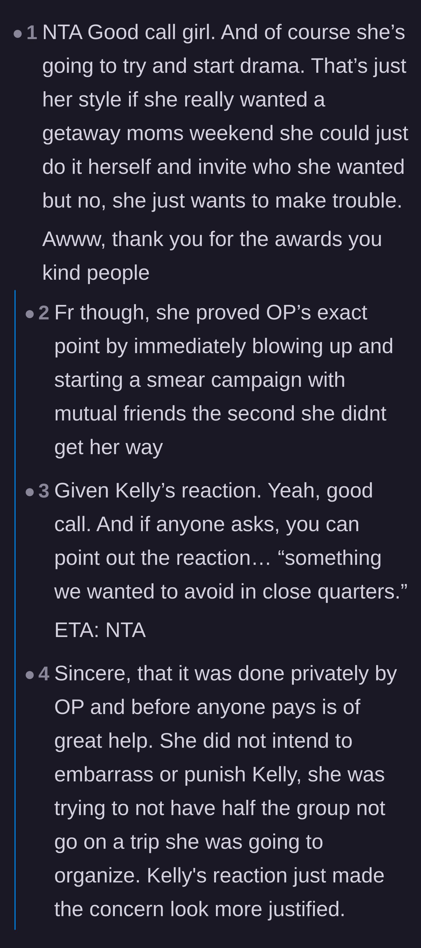 Comment thread 1 - Readers arguing that Kelly's explosive, rumor-spreading reaction entirely validates the decision to uninvite her.