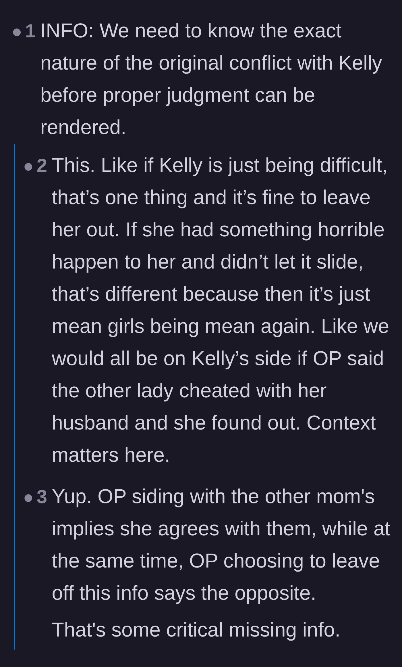 Comment thread 5 - Demands for more information regarding what originally caused the massive fallout between Kelly and the two other women.