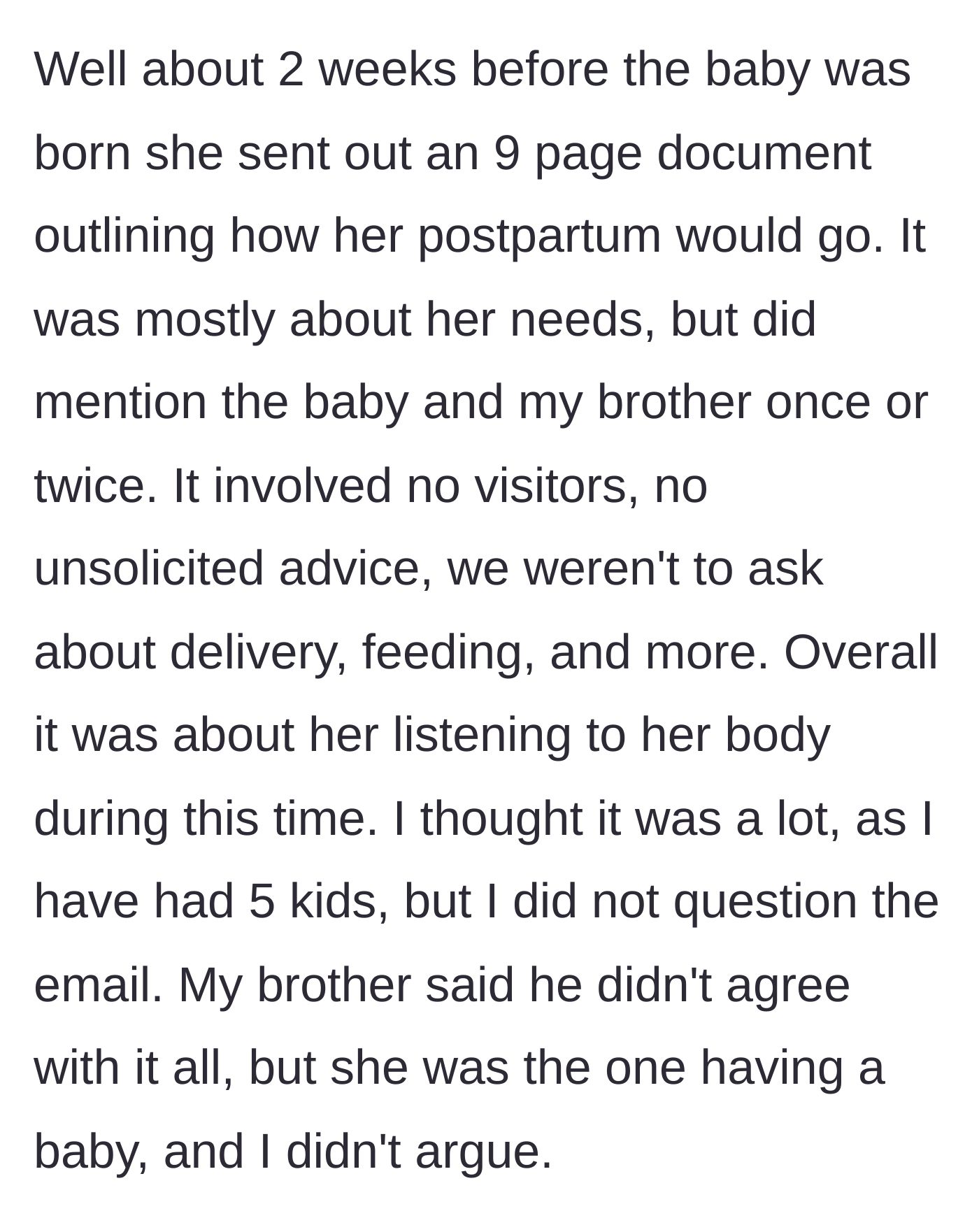 Story part 2 - Girlfriend sends a 9-page list of postpartum demands focused entirely on herself, which the sister graciously accepts without argument.