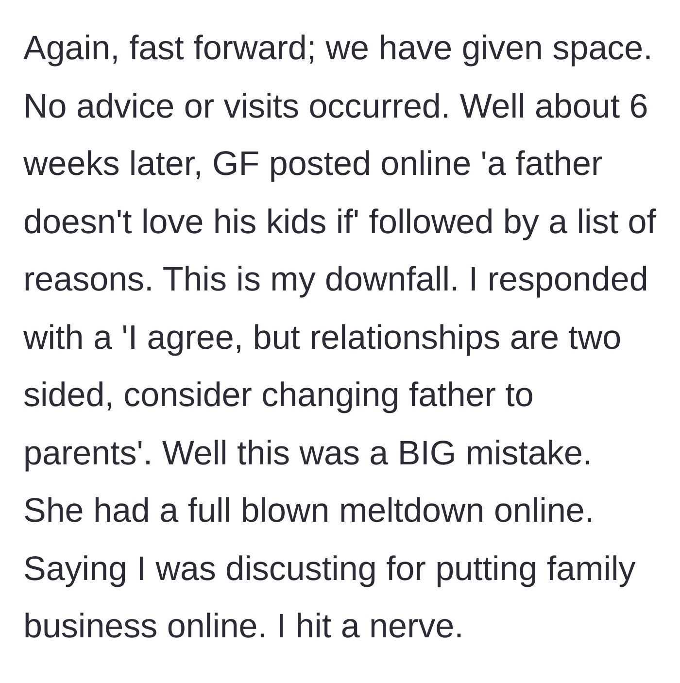 Story part 4 - Girlfriend posts a passive-aggressive attack on fathers online, and the sister gently comments about equal partnerships, sparking a massive public meltdown.