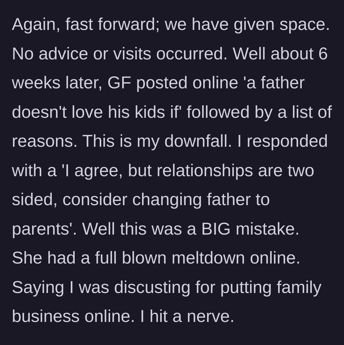 Story part 4 - Girlfriend posts a passive-aggressive attack on fathers online, and the sister gently comments about equal partnerships, sparking a massive public meltdown.