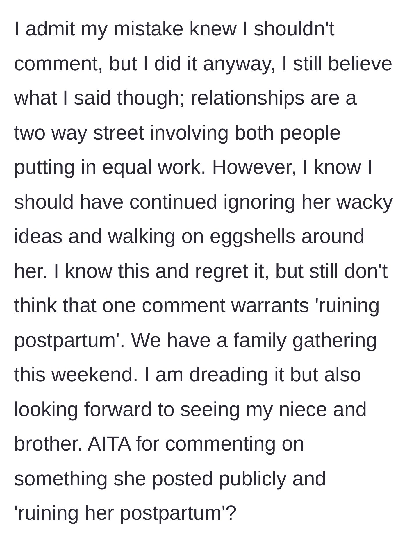 Story part 6 - Sister regrets engaging but stands by her beliefs, now anxiously dreading an upcoming family gathering.