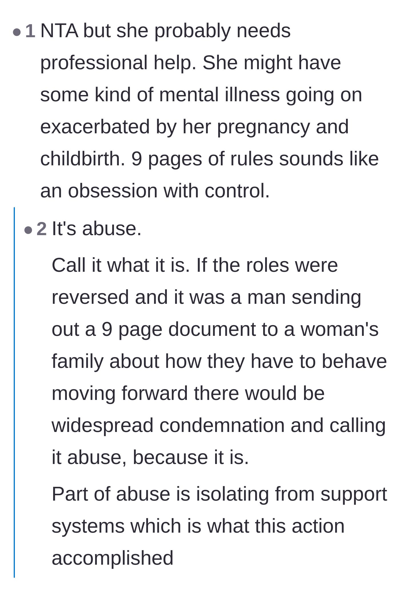 Comment thread 2 - A debate on whether the girlfriend's extreme need for control stems from untreated postpartum issues or deliberate emotional abuse and isolation tactics.