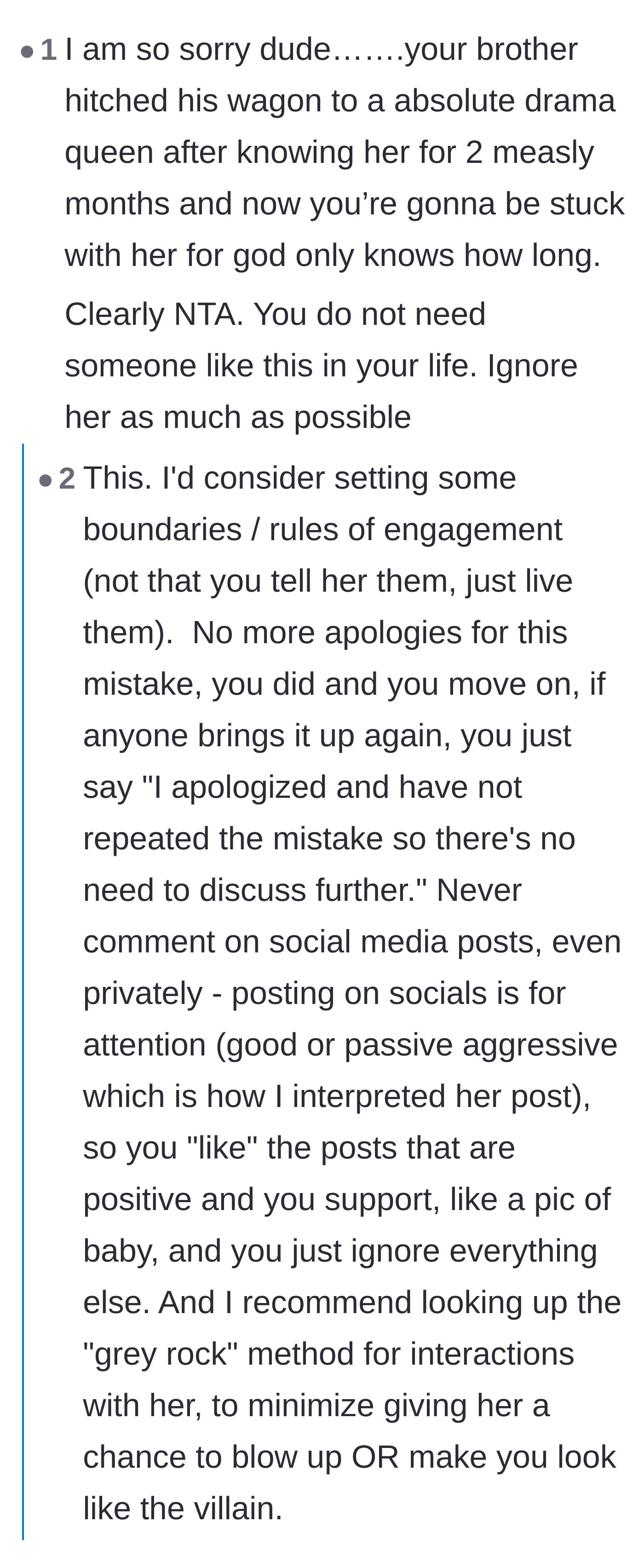 Comment thread 3 - Advice offering sympathy for the brother's rushed relationship while urging the sister to stop apologizing and use the grey rock method.