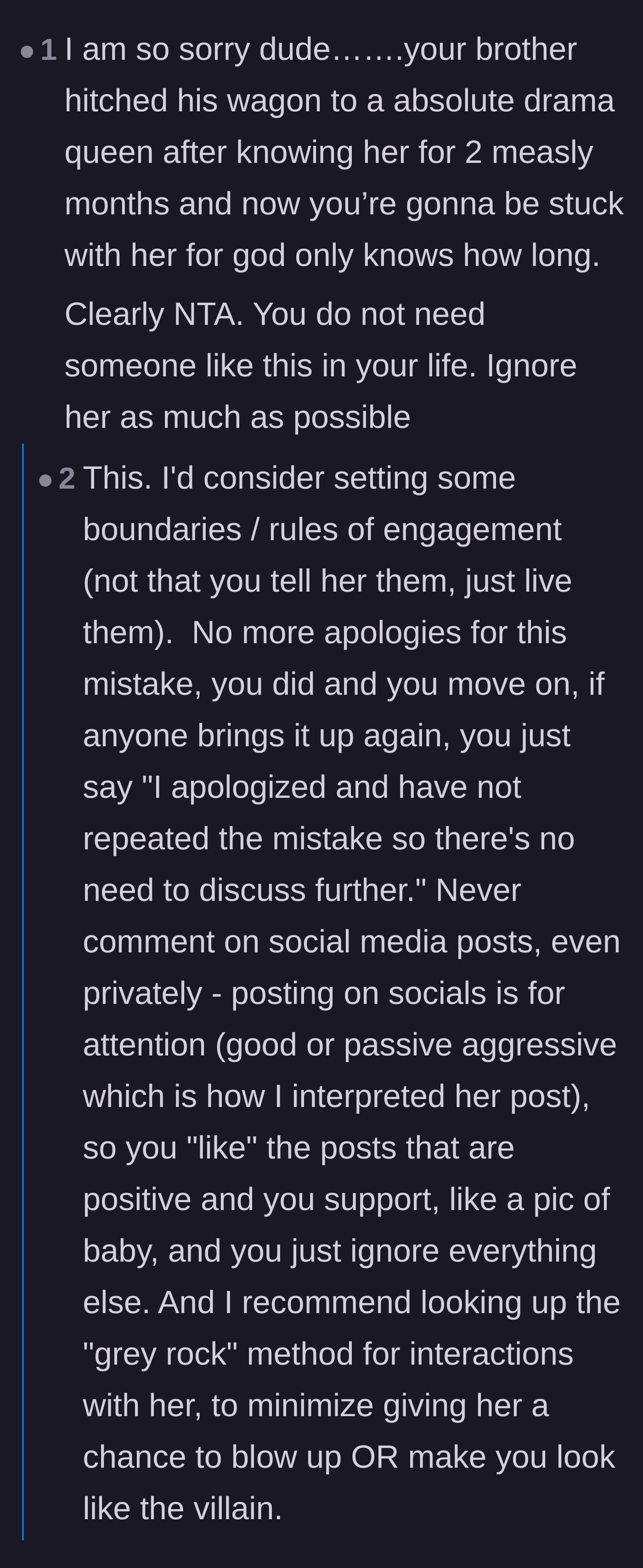 Comment thread 3 - Advice offering sympathy for the brother's rushed relationship while urging the sister to stop apologizing and use the grey rock method.