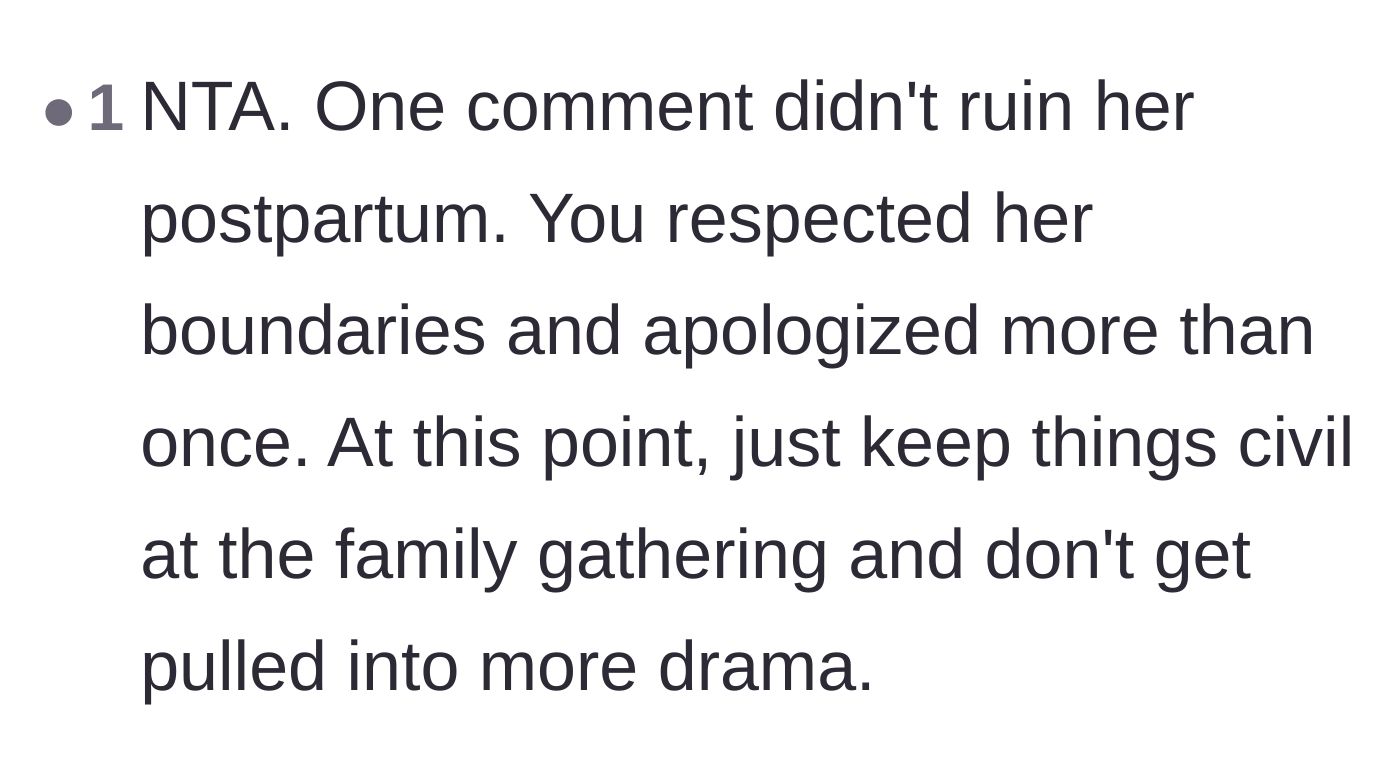 Comment thread 6 - Reassurance to the sister that a single polite comment is entirely incapable of ruining a postpartum experience.