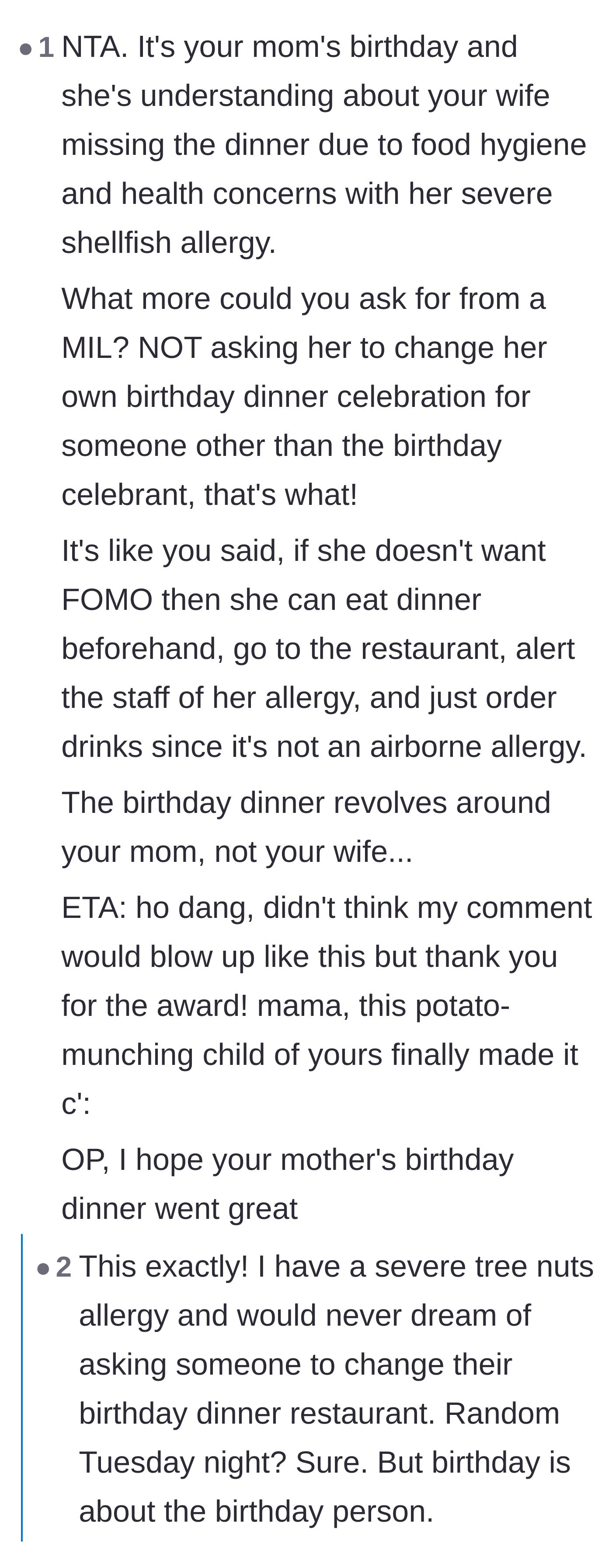 Comment thread 1 - Readers agreeing that a birthday dinner is about the guest of honor, not the daughter-in-law's FOMO