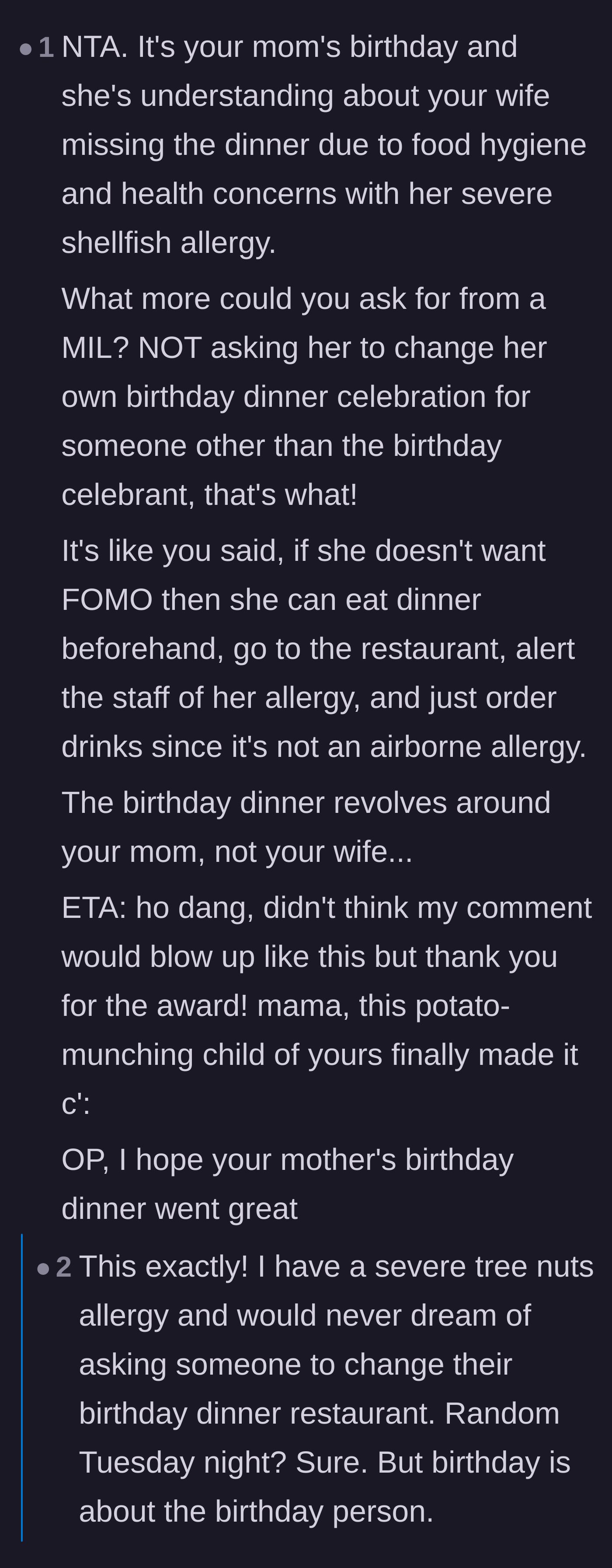 Comment thread 1 - Readers agreeing that a birthday dinner is about the guest of honor, not the daughter-in-law's FOMO