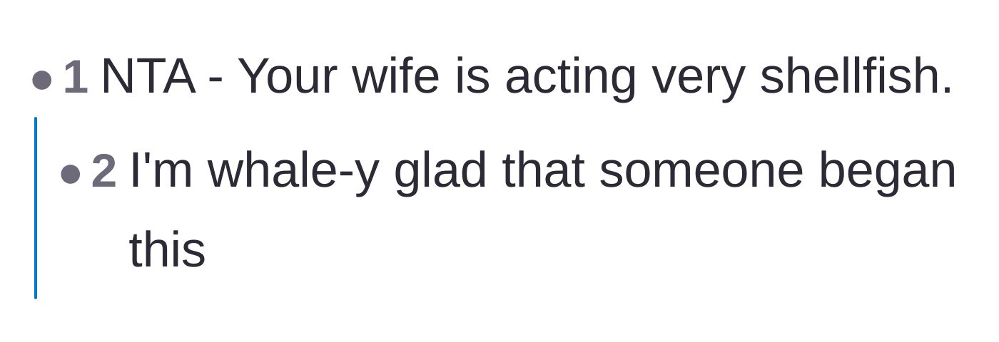 Comment thread 2 - A punny comment calling the wife 'shellfish' for her behavior