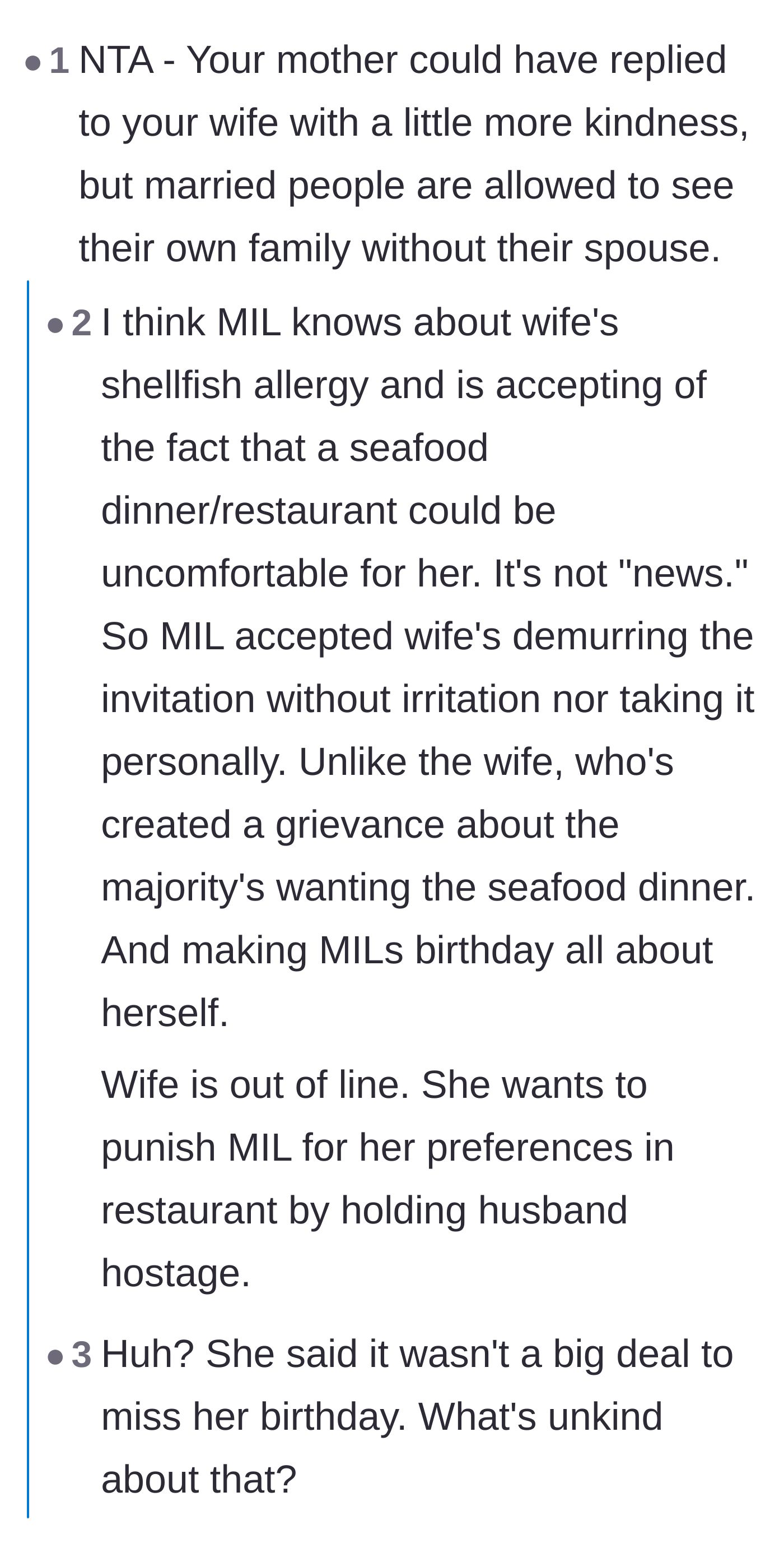Comment thread 5 - A discussion about how the mother-in-law's 'no big deal' comment was gracious, and couples are allowed to do things separately
