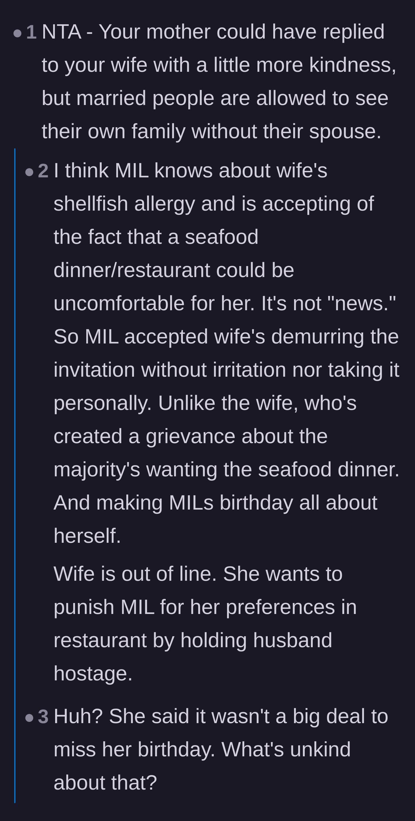 Comment thread 5 - A discussion about how the mother-in-law's 'no big deal' comment was gracious, and couples are allowed to do things separately