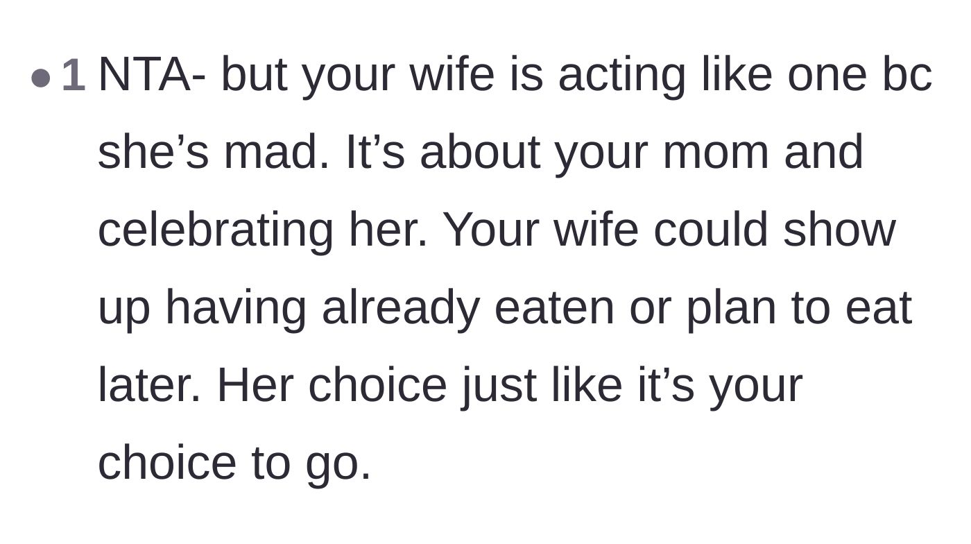 Comment thread 6 - Readers pointing out that the wife could have simply eaten beforehand if she genuinely wanted to celebrate