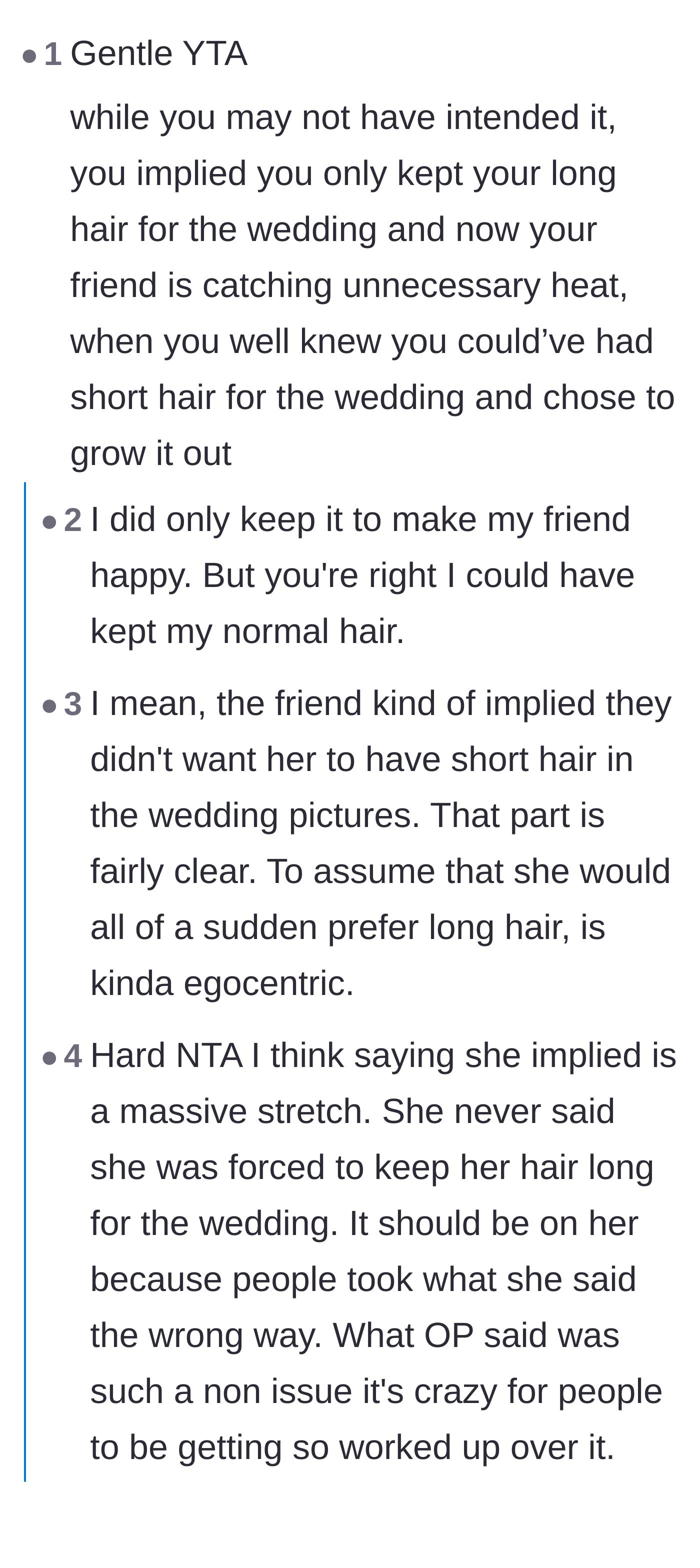 Comment thread 4 - Commenters giving a gentle judgment against the bridesmaid, arguing she accidentally threw her friend under the bus to look self-sacrificing.