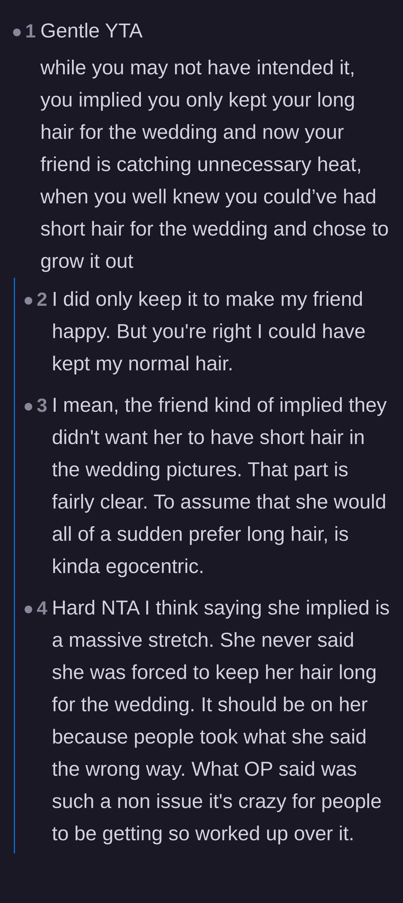 Comment thread 4 - Commenters giving a gentle judgment against the bridesmaid, arguing she accidentally threw her friend under the bus to look self-sacrificing.
