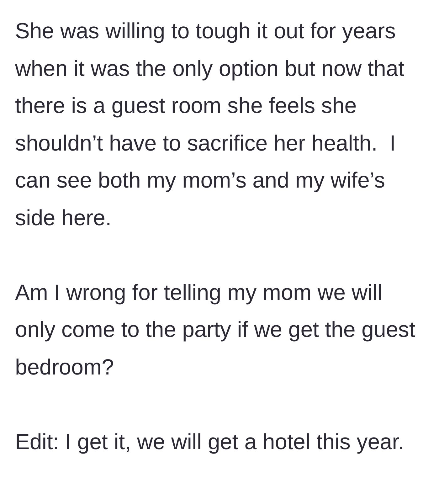 Story part 4 - The husband claims to see both sides before finally deciding to just book a hotel.